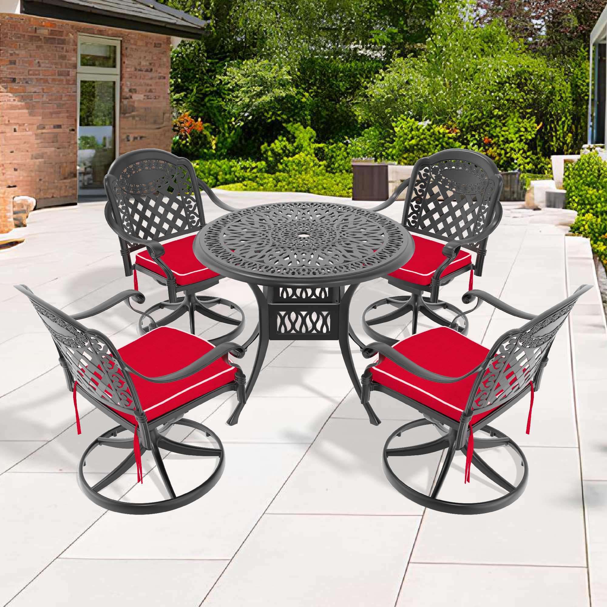5-Piece All-Weather Cast Aluminum Dining Set, Include 4 Swivel Chairs and 35.43″ Round Table With Black Frame (same sku: W1710S00300 )