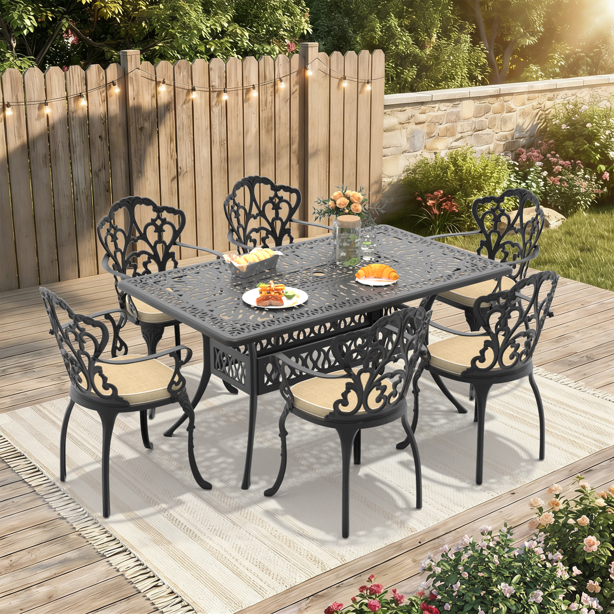 7-Piece Set Of Cast Aluminum Patio Furniture With Off-white Cushions (same as:W1710S00571 ,W1710S00400)