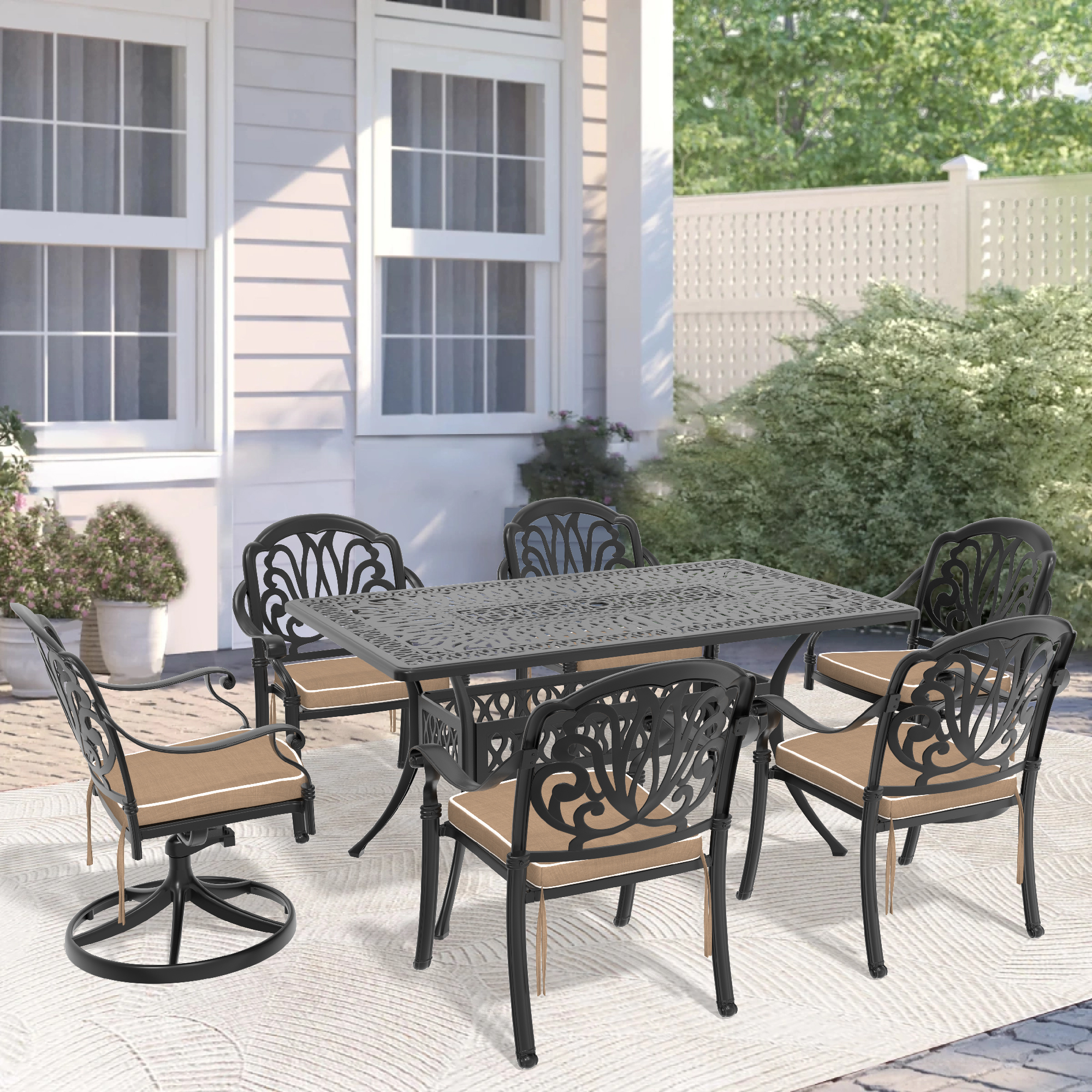 7-Piece All-Weather Cast Aluminum Dining Set, Include 2 Swivel Chairs,4 Dining Chairs and Rectangular Table With Black Frame