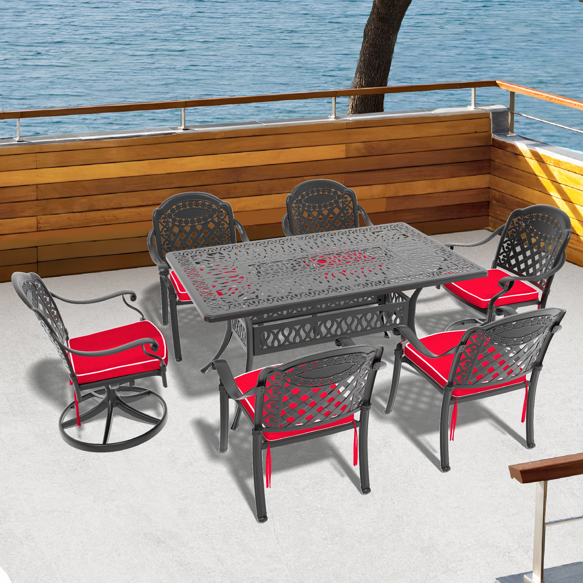 7-Piece All-Weather Cast Aluminum Dining Set, Include 2 Swivel Chairs,4 Dining Chairs and Rectangular Table With Black Frame