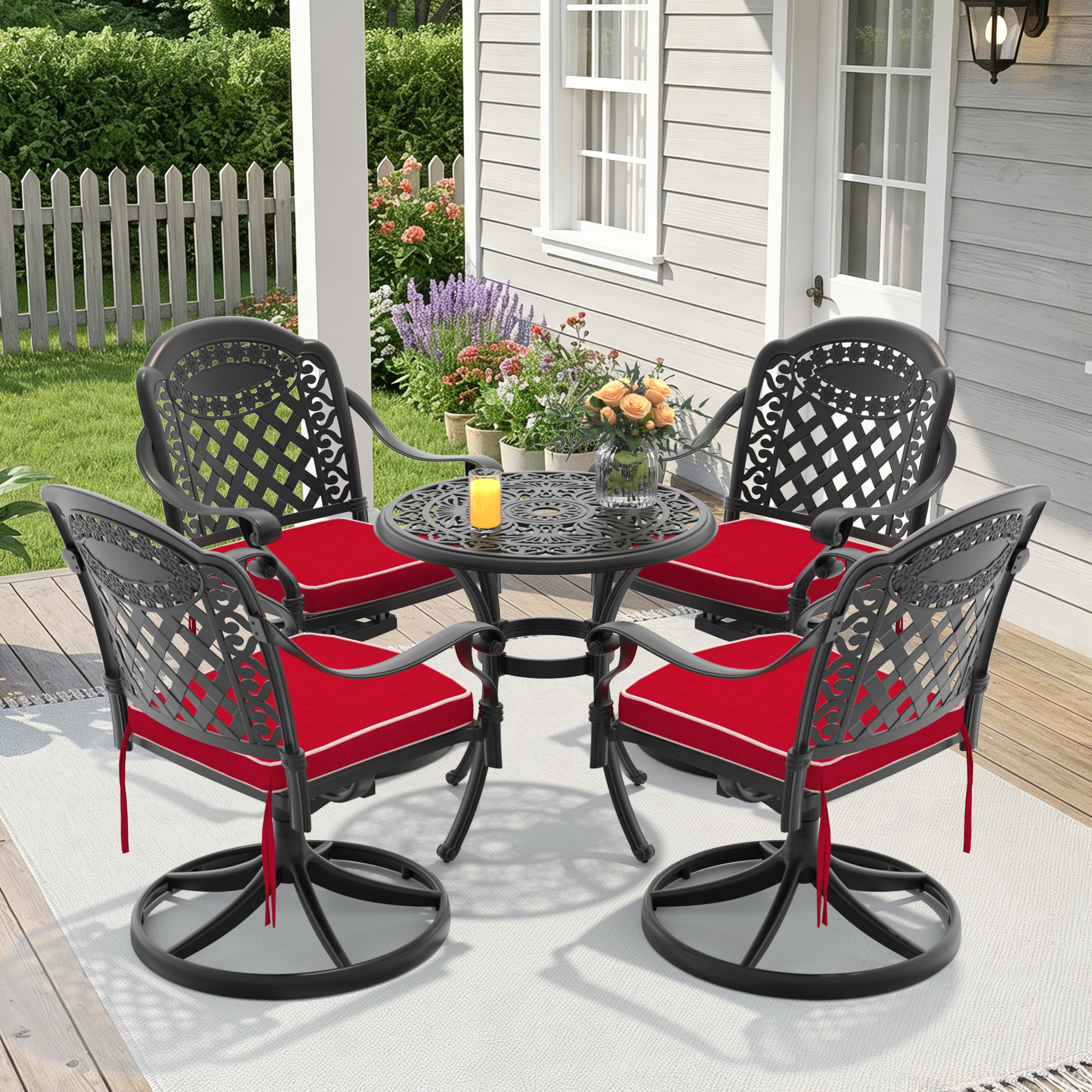 5-Piece All-Weather Cast Aluminum Dining Set, Include 4 Swivel Chairs and 26.77″ Round Table With Black Frame