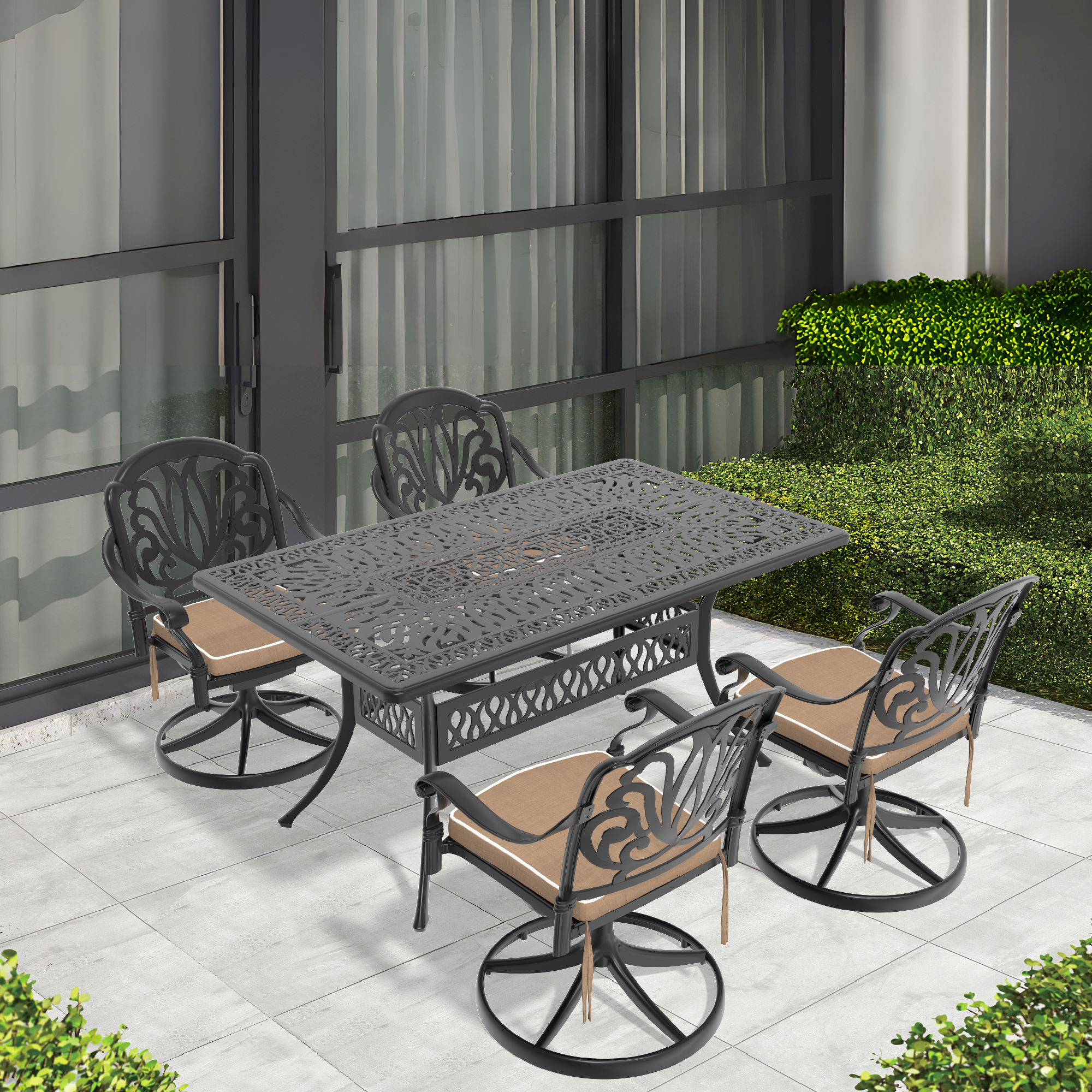5-Piece All-Weather Cast Aluminum Dining Set, Include 4 Swivel Chairs and Rectangular Table With Black Frame (same sku:W1710S00279)