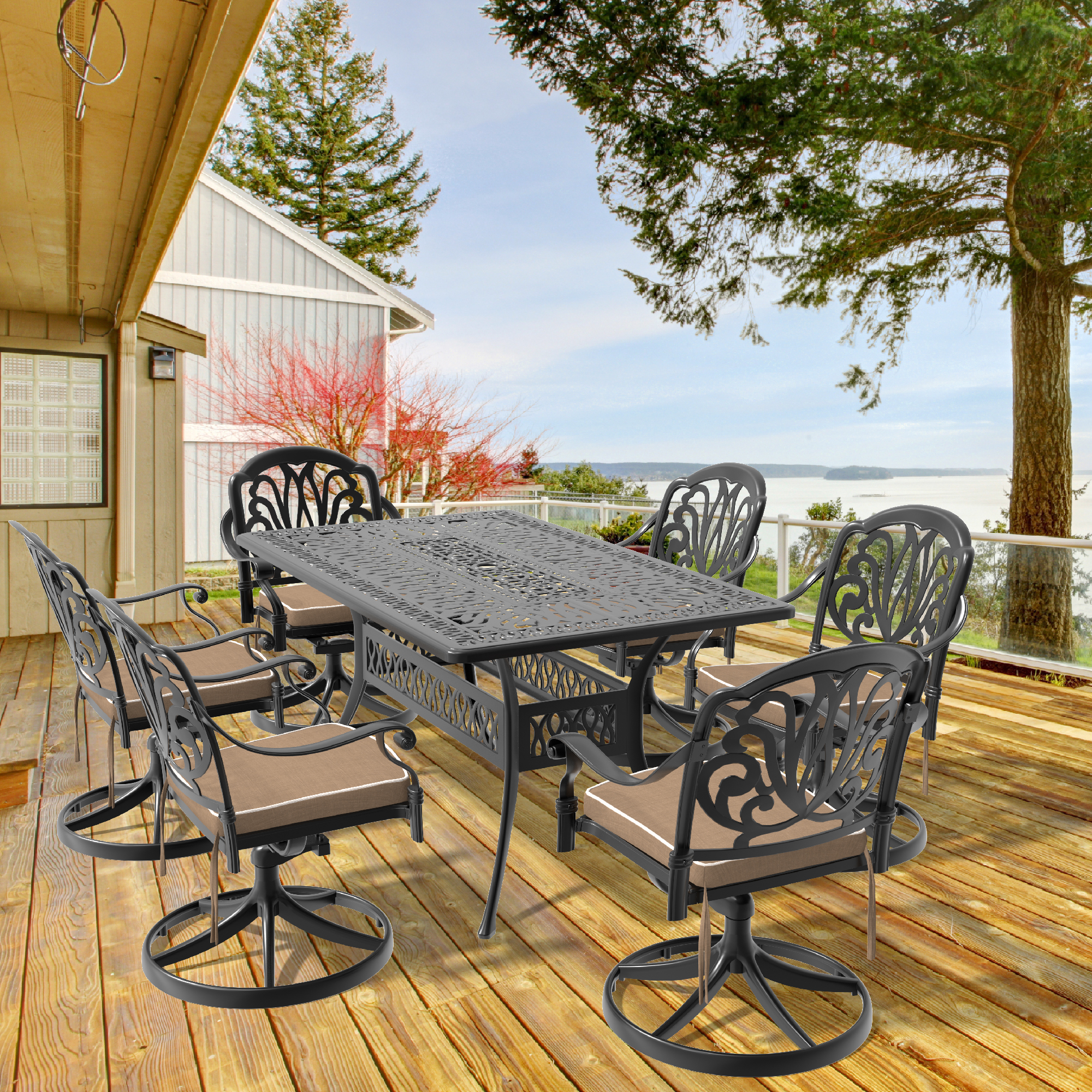 7-Piece All-Weather Cast Aluminum Dining Set, Include 6 Swivel Chairs and Rectangular Table With Black Frame (same sku:W1710S00280)
