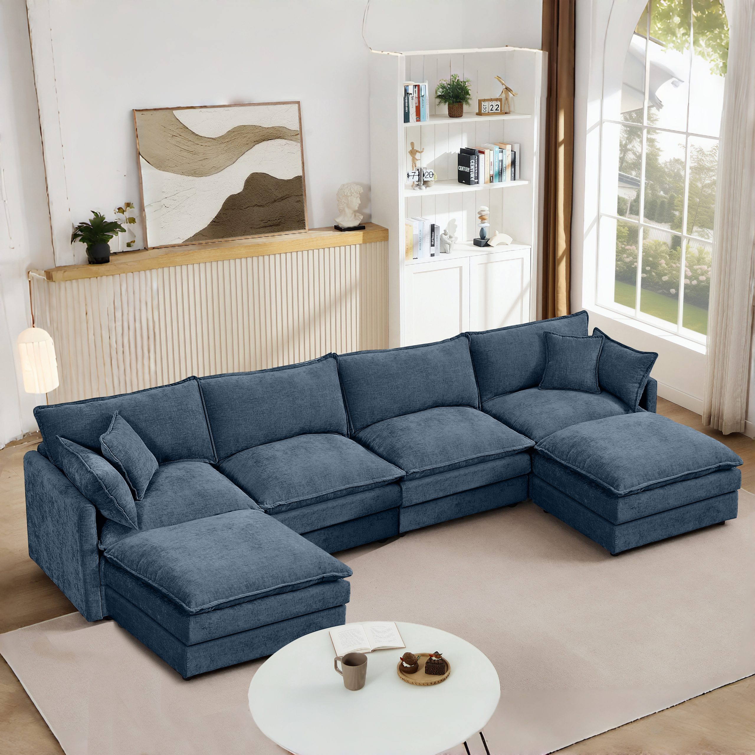 Modular Sectional Sofa, 130.7 Inch U Shaped Couch Set for Living Room, 4-Seater Comfy Cloud Couches with Movable Ottoman, DIY Combination, Chenille, Blue