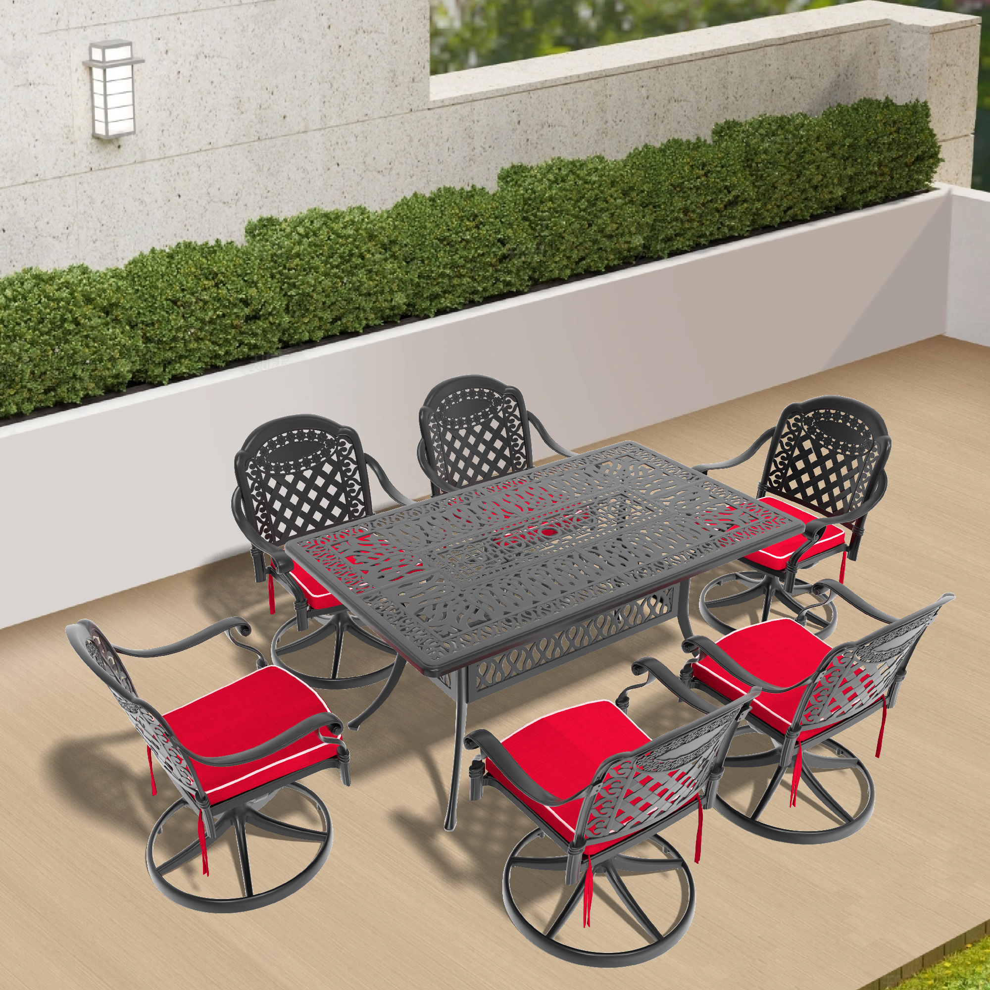 7-Piece All-Weather Cast Aluminum Dining Set, Include 6 Swivel Chairs and Rectangular Table With Black Frame (same sku:W1710S00316)