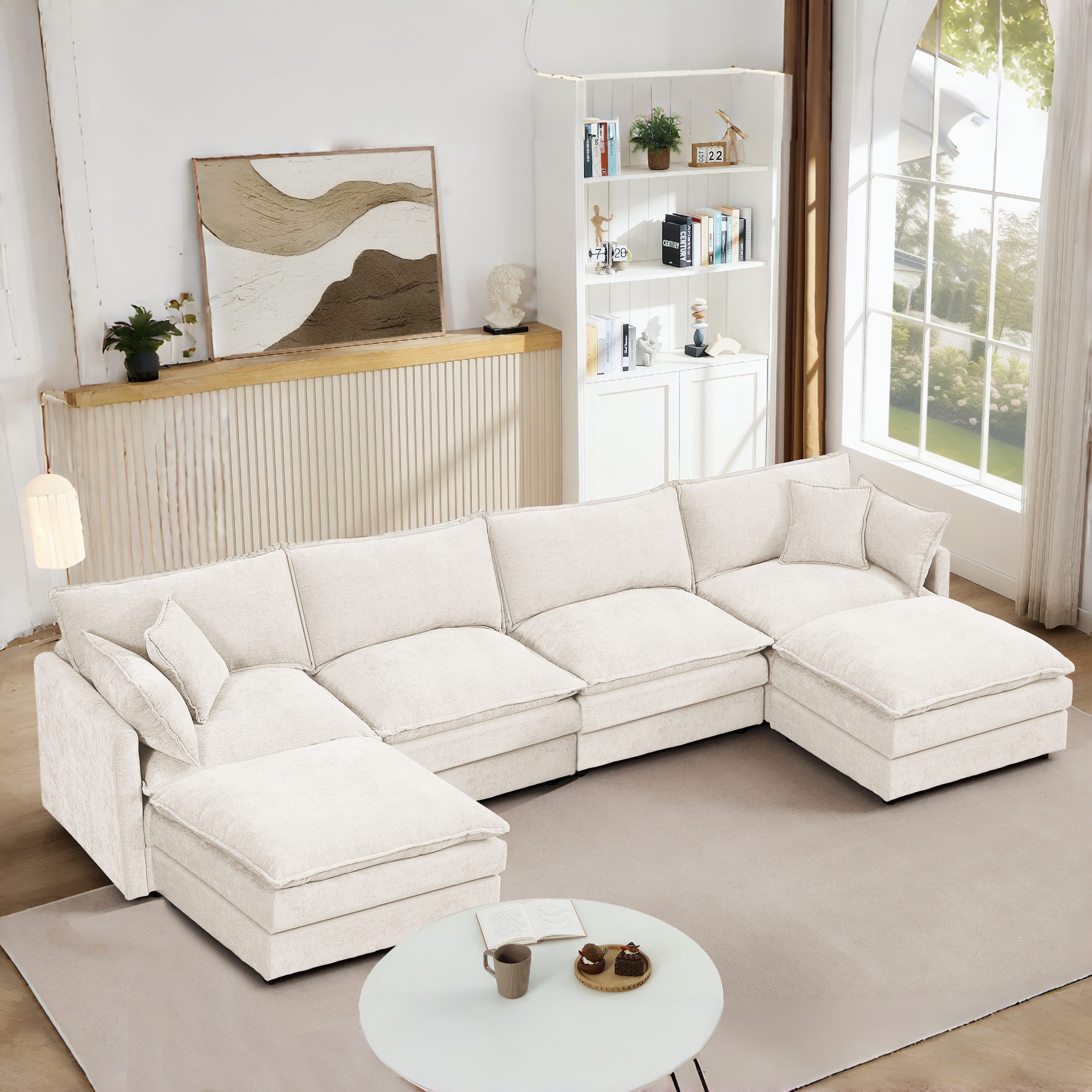 Modular Sectional Sofa, 130.7 Inch U Shaped Couch Set for Living Room, 4-Seater Comfy Cloud Couches with Movable Ottoman, DIY Combination, Chenille, Beige