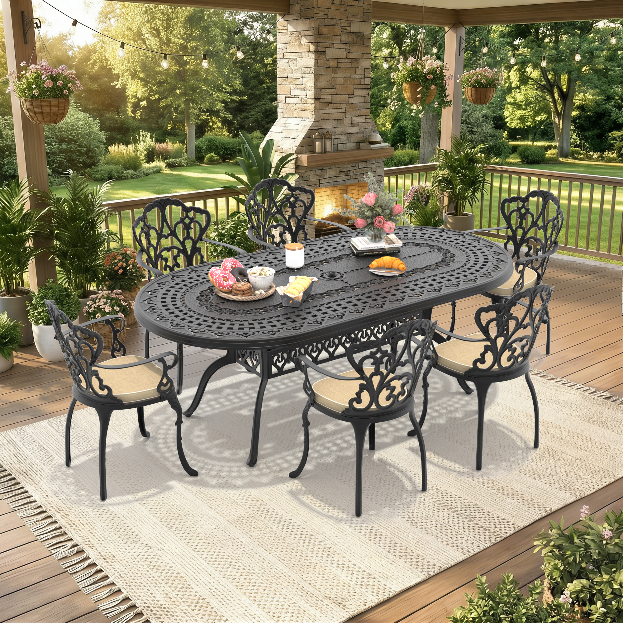 7-Piece Set Of Cast Aluminum Patio Furniture With Off-white Seat Cushions(same as W1710S00406 , W1710S00597 ,W1710S00651)