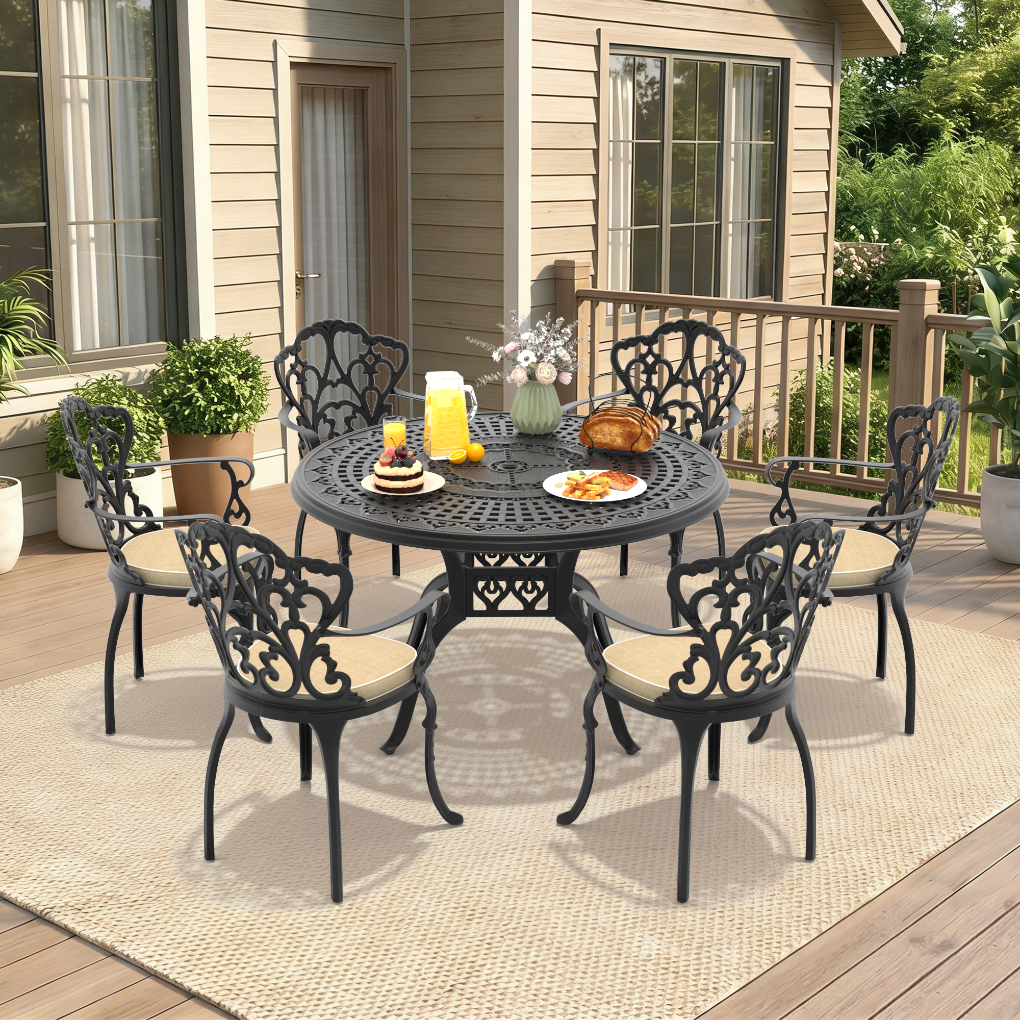 7-Piece Set Of Cast Aluminum Patio Furniture With Off-white Seat Cushions(same as W1710S00399 , W1710S00623)