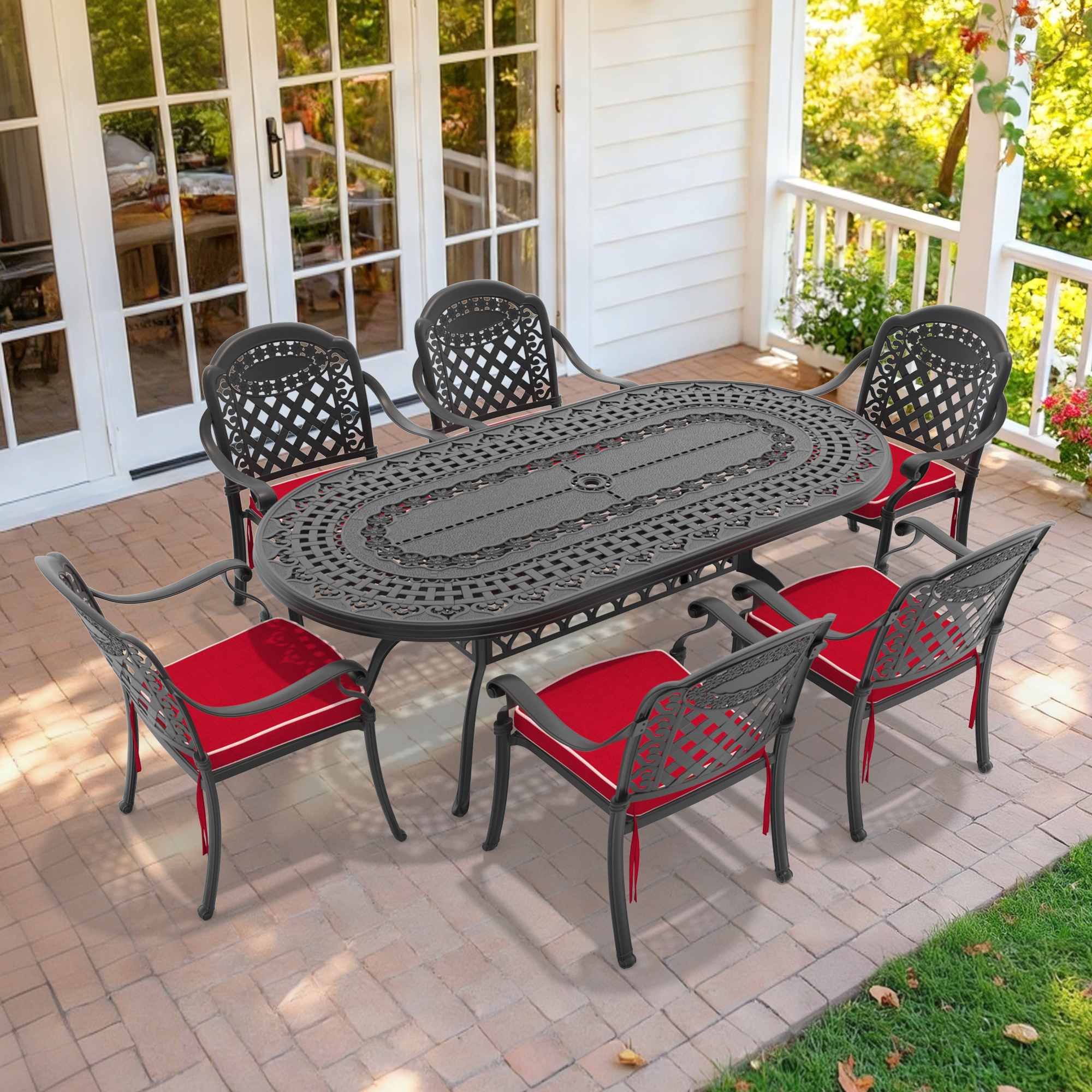 7-Piece Set Of Cast Aluminum Patio Furniture With Red Cushions(same as:W1710S00644)