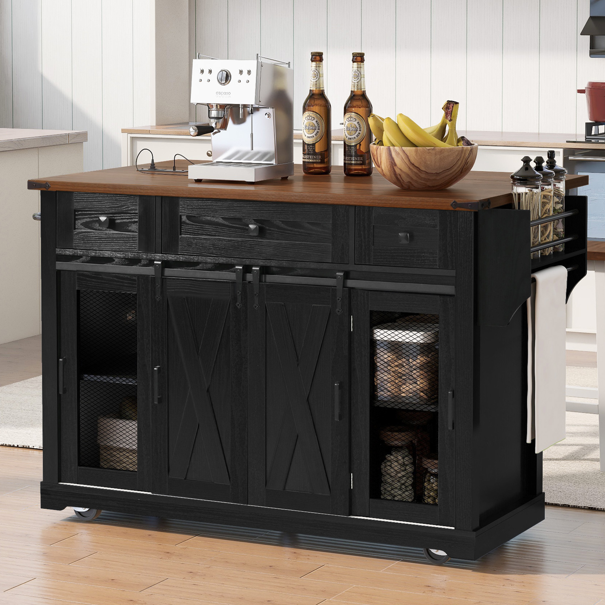 K&K 58″ Farmhouse Kitchen Island with Storage, Sliding Barn Door & Metal Grid Side Door, Rolling Kitchen Island on 5 Wheels with Spice Rack, Glass Holders,Island Table with Drop Leaf for Kitchen,Black