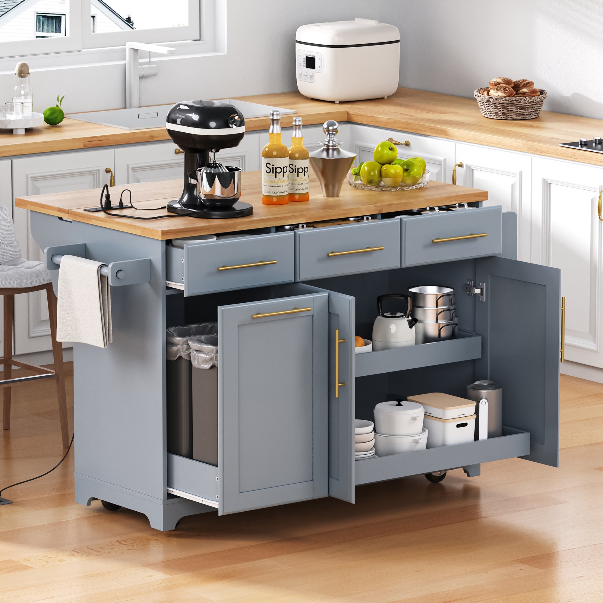 K&K 59.3″ Kitchen Island with 2 Pull Out Cabinet Organizers & Rubber Wood Drop Leaf, Rolling Kitchen Island with Trash Can Storage, Power Outlet, Spice & Towel Rack for Kitchen, Dining, Grey Blue