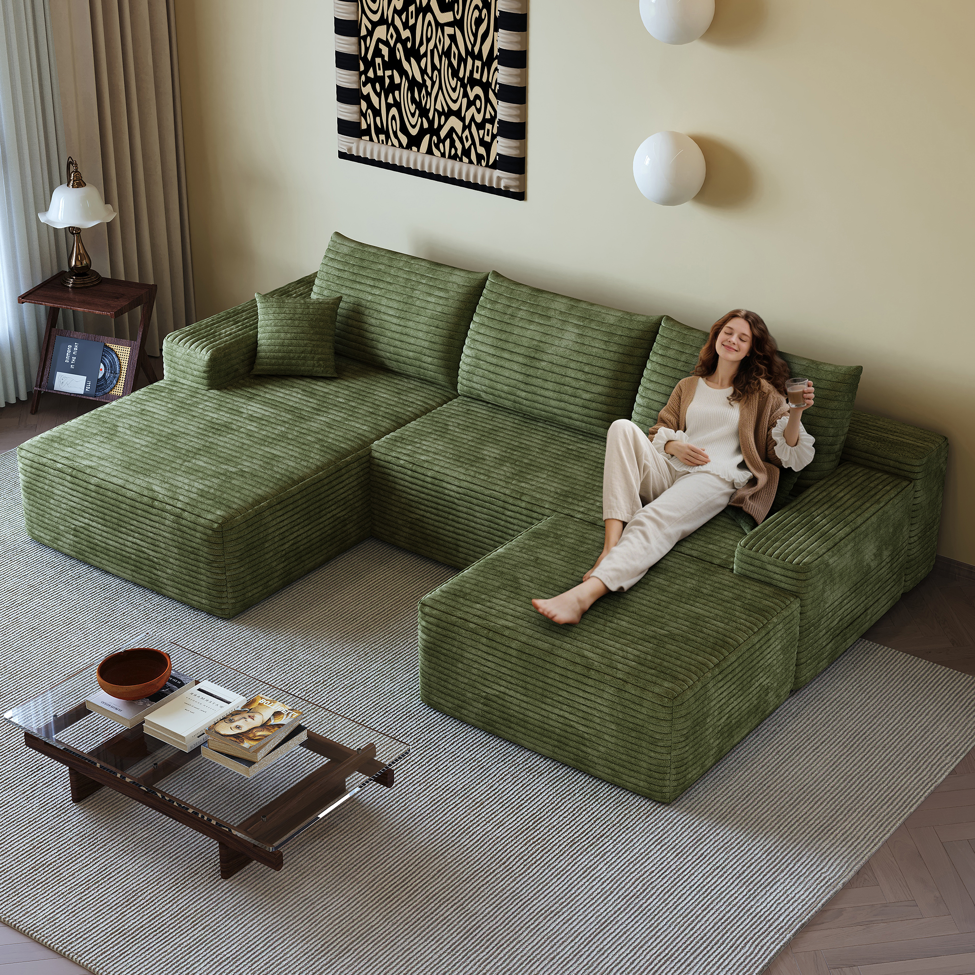 107″Cloud Sectional Sofa with 1 Ottoman,Modern Minimalist Upholstered Couches,Comfort U Shaped Sofa for Living Room,Deep Seat Corner Couch,No Assembly Required (Plush Corduroy Fabric),Green