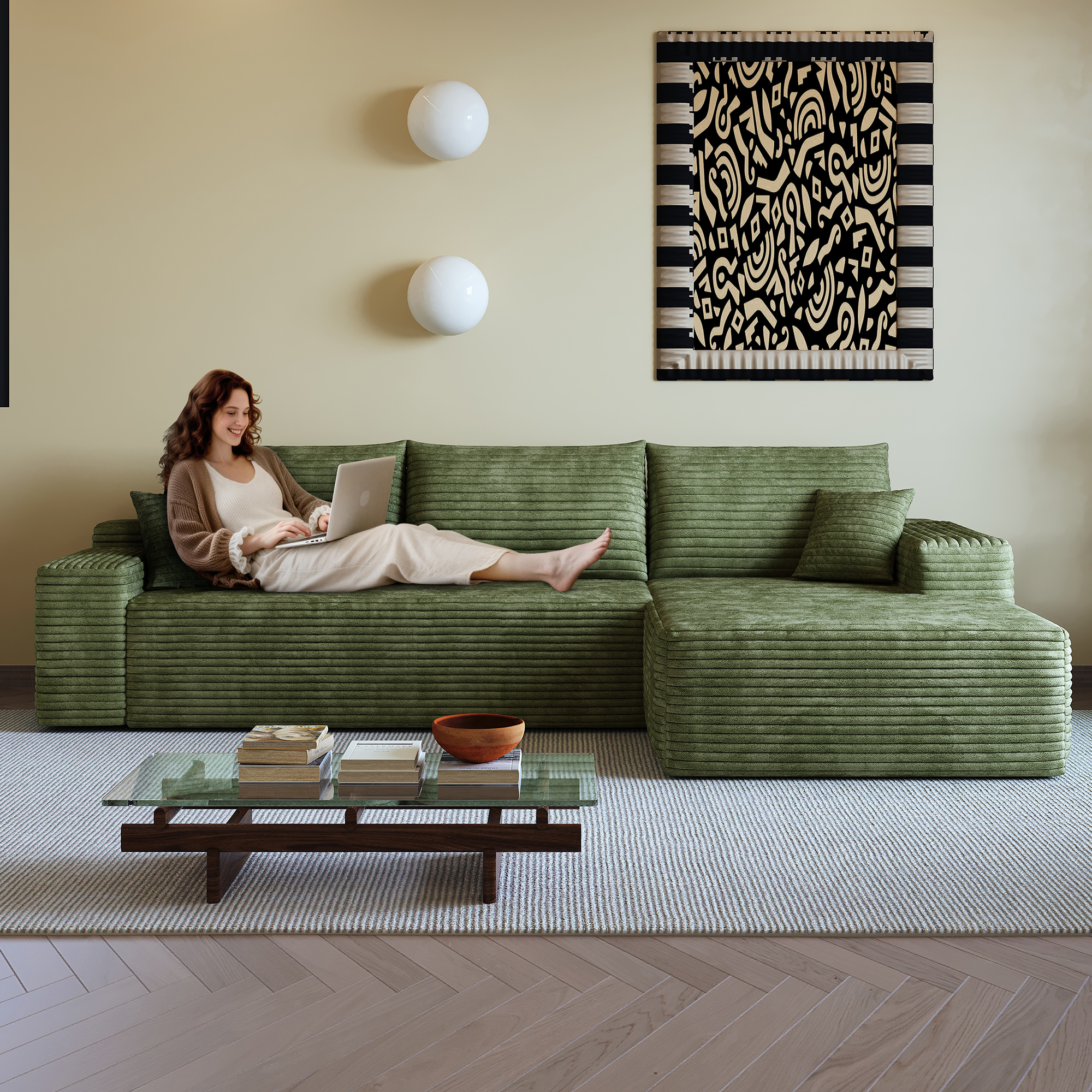 107″ Cloud Sectional Couch with L-Shape Chaise,Modern Modular Sofa with Deep Seat, Upholstered Couches for Living Room Bedroom,No Assembly Required, (Plush Corduroy Fabric),Green