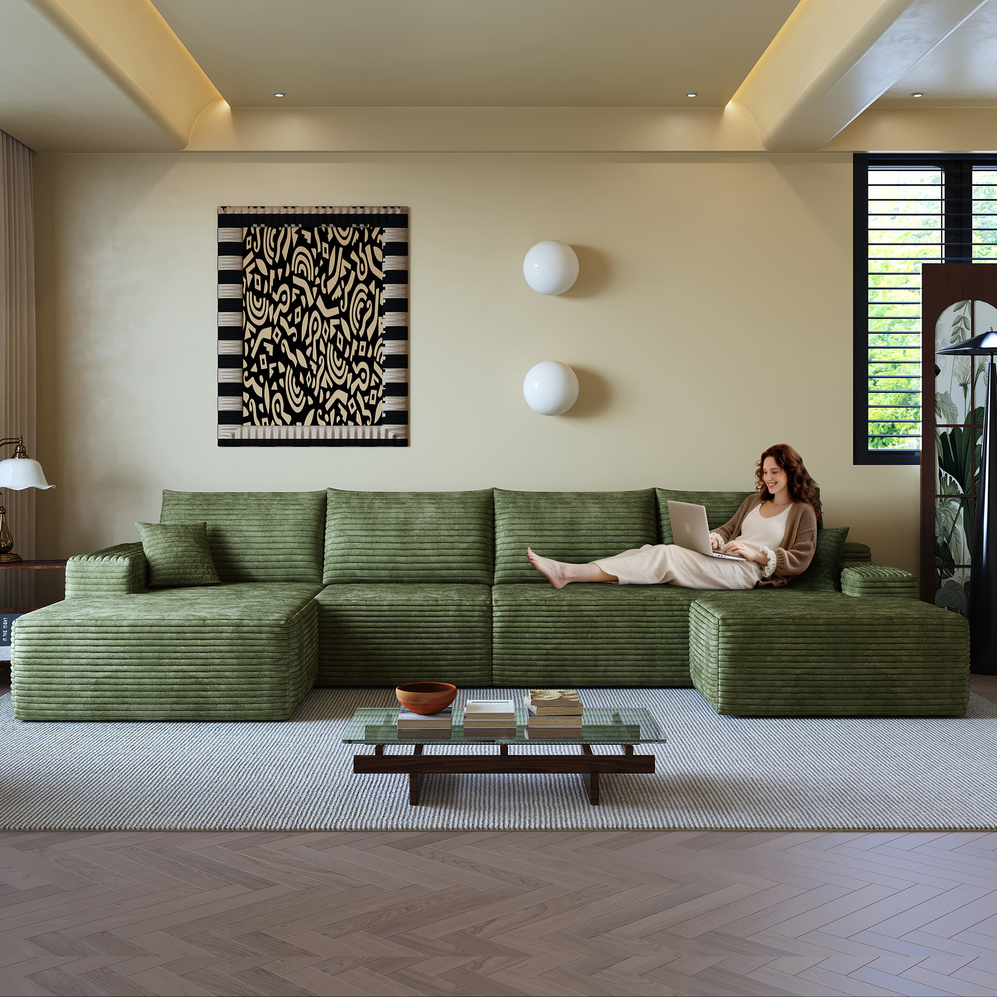 135″ Cloud Sectional Sofa with 1 Ottoman,Modern Minimalist Upholstered Couches, Comfort U Shaped Sofa for Living Room,Deep Seat Corner Couch,No Assembly Required,Black (Plush Corduroy Fabric),Green