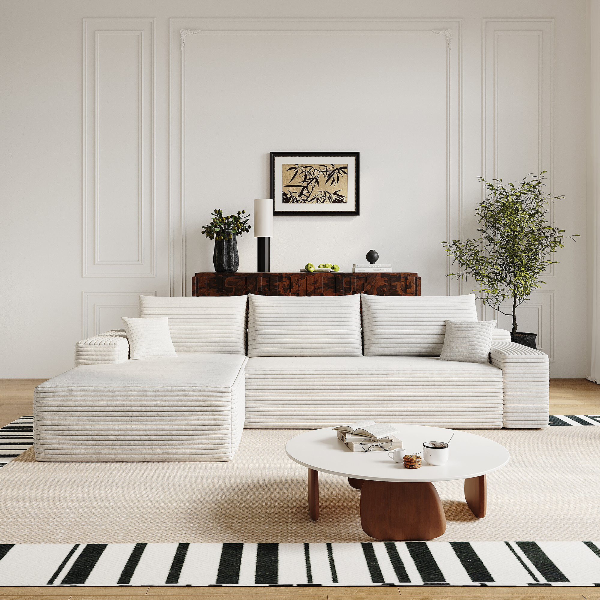 107″ Cloud Sectional Couch with L-Shape Chaise,Modern Modular Sofa with Deep Seat, Upholstered Couches for Living Room Bedroom,No Assembly Required, (Plush Corduroy Fabric),White