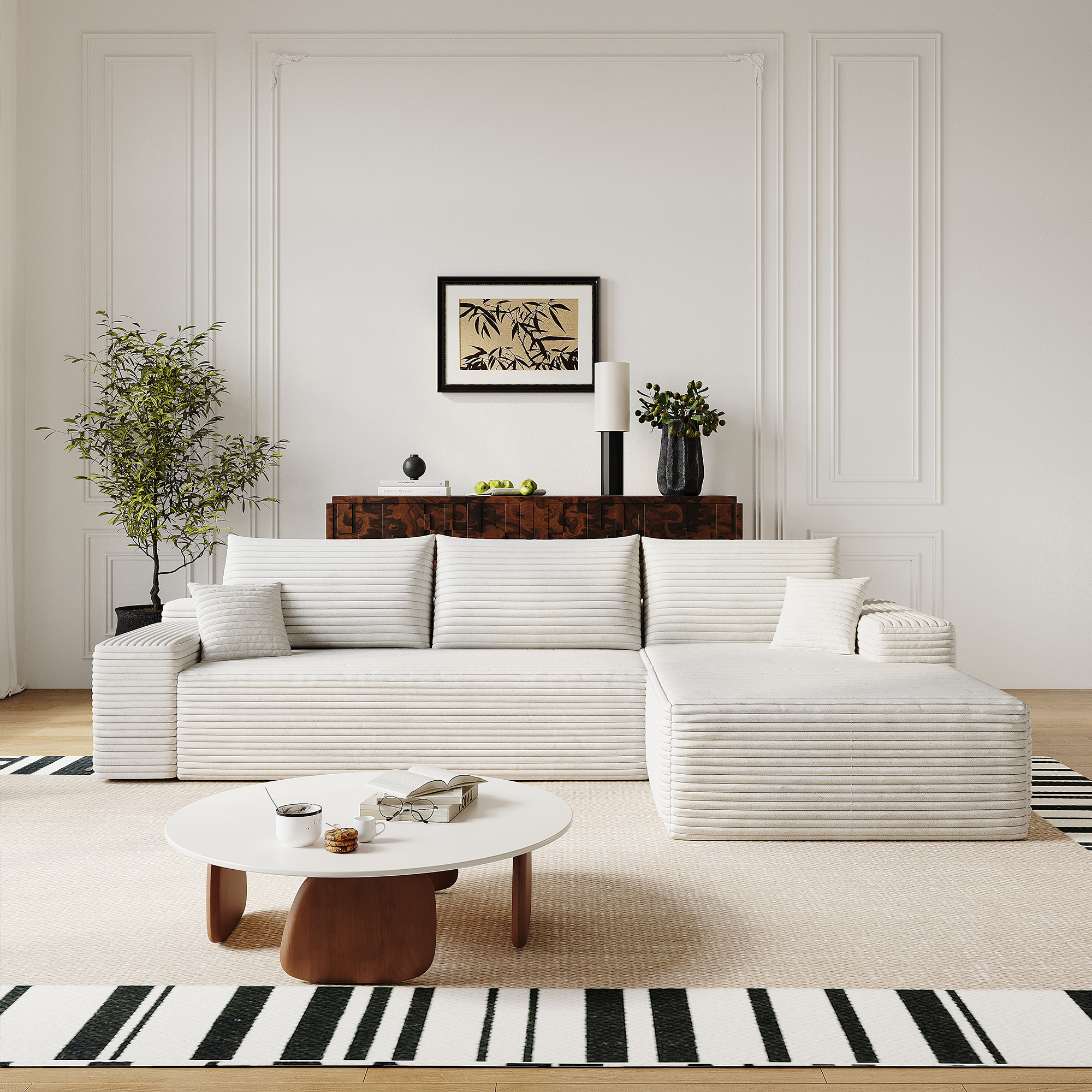 107″ Cloud Sectional Couch with L-Shape Chaise,Modern Modular Sofa with Deep Seat, Upholstered Couches for Living Room Bedroom,No Assembly Required, (Plush Corduroy Fabric),White