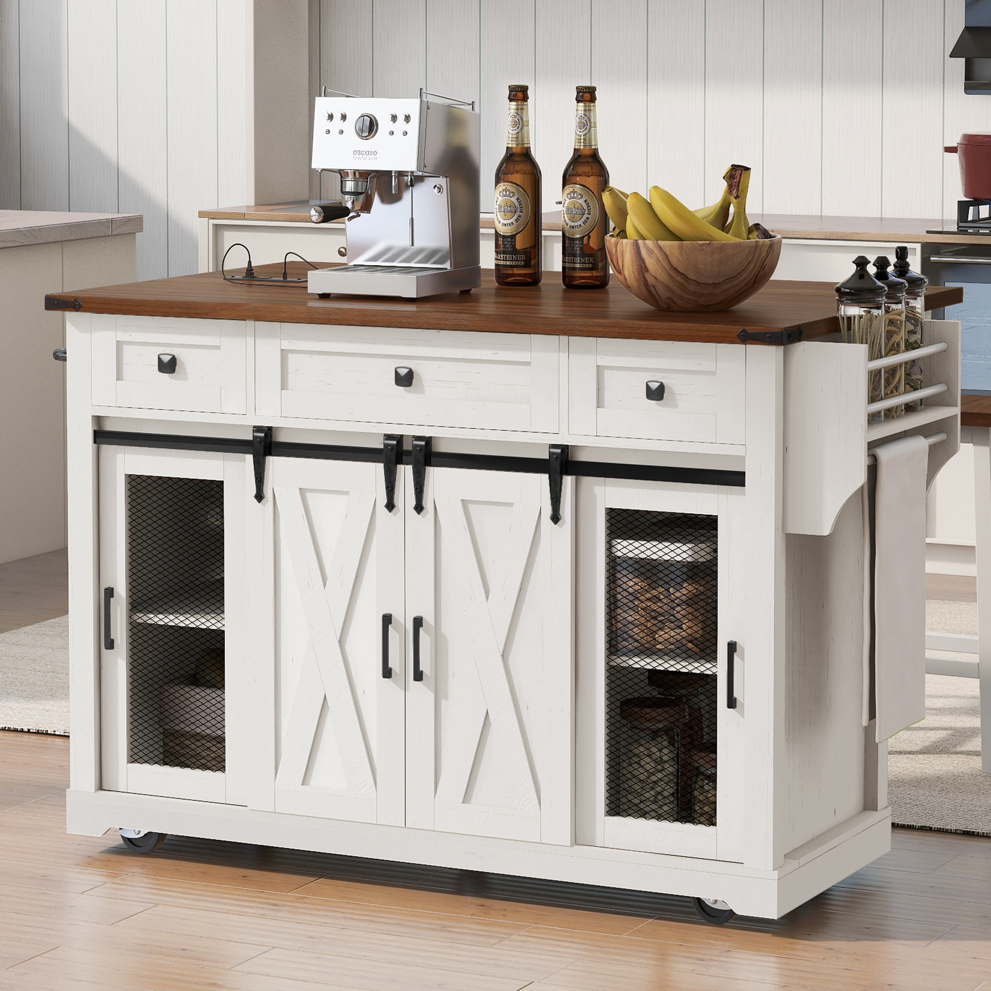 K&K 58″ Farmhouse Kitchen Island with Storage, Sliding Barn Door & Metal Grid Side Door, Rolling Kitchen Island on 5 Wheels with Spice Rack, Glass Holders,Island Table with Drop Leaf for Kitchen,White