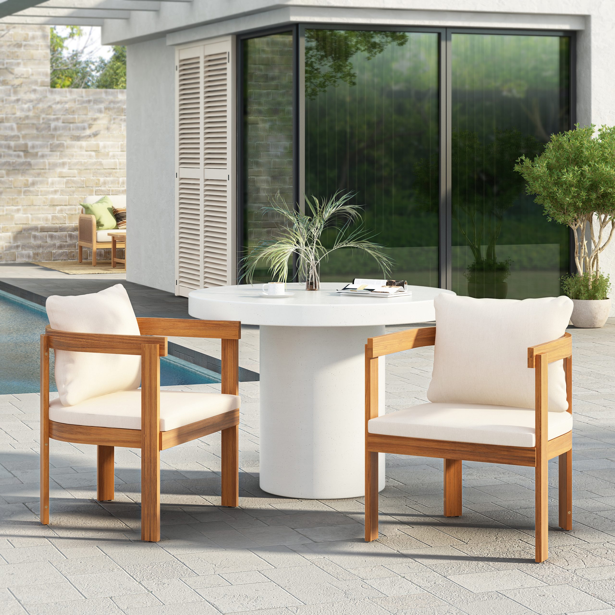 Acacia Wood Dining Chairs Set of 2, Armchairs with Cream Cushions, Barrel Accent Chair, Comfy Seating Kitchen Side Chair Set for Balcony, Backyard, Garden, Teak