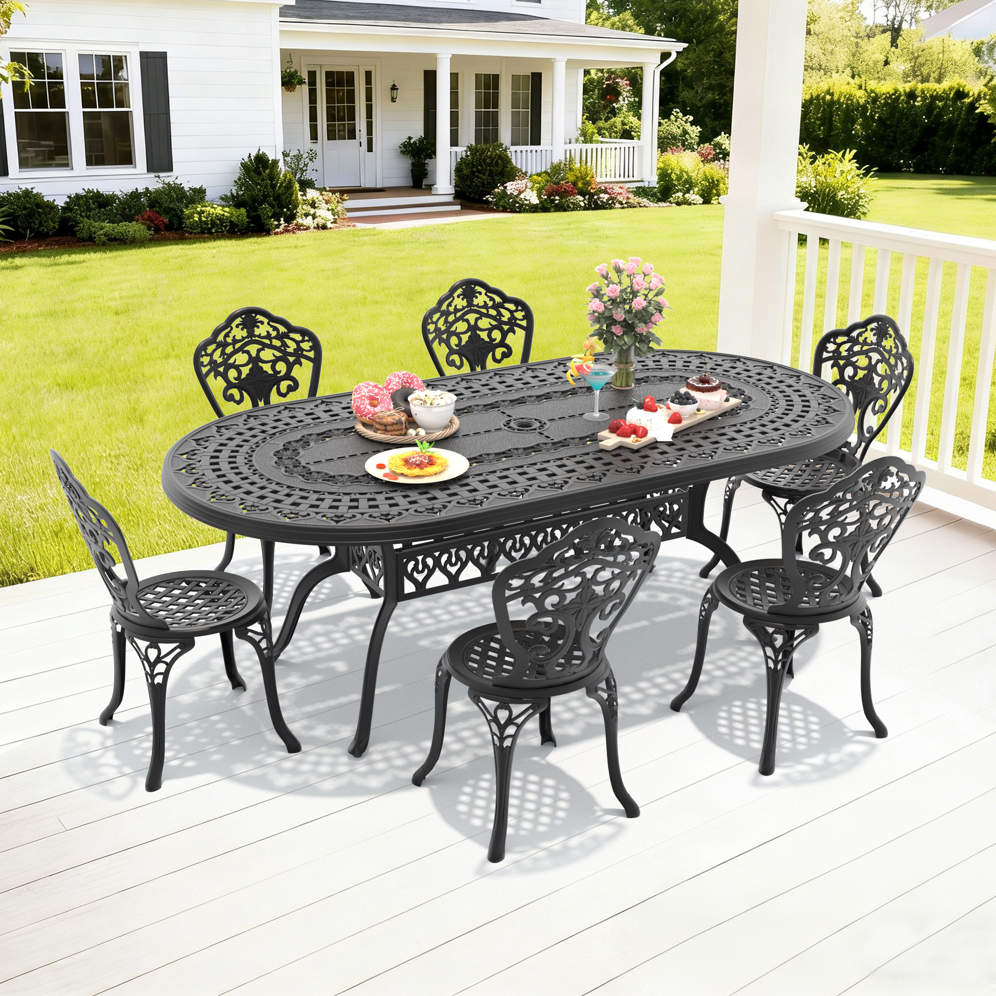 7-Piece Set Of All-Weather Cast Aluminum Dining Furniture Set With Black Frame(same sku: W1710S00251)