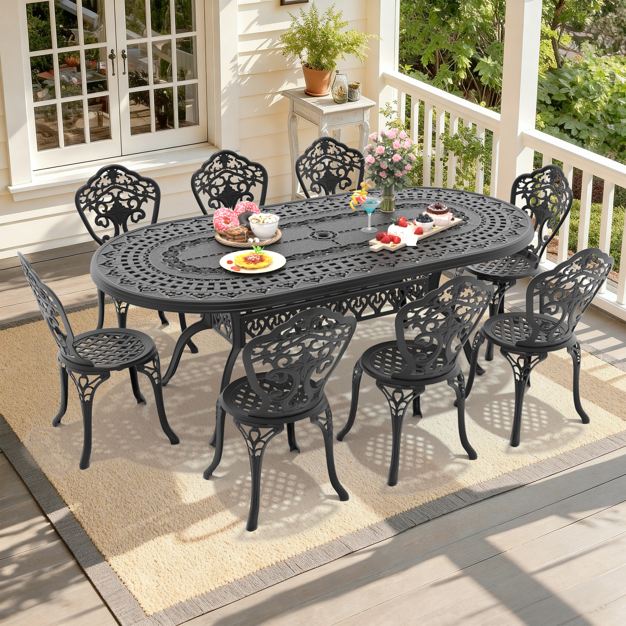 9-Piece Set Of All-Weather Cast Aluminum Dining Furniture Set With Black Frame(same sku: W1710S00252)