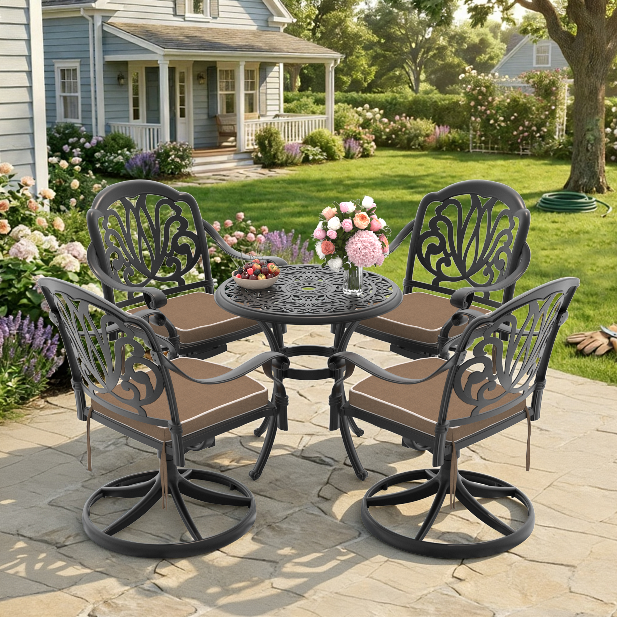 5-Piece All-Weather Cast Aluminum Dining Set, Include 4 Swivel Chairs and 26.77″ Round Table With Black Frame