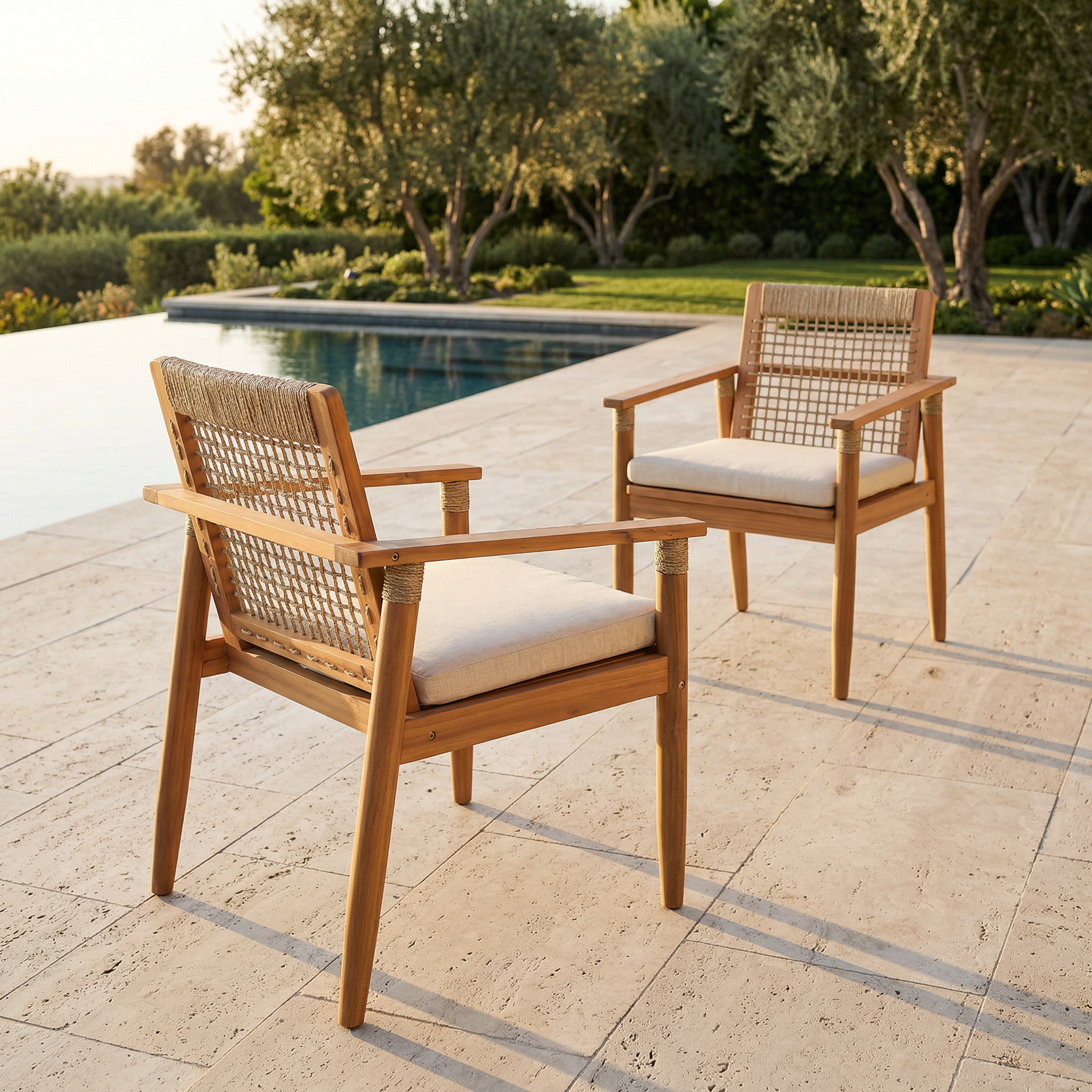 Outdoor Dining Chairs Set of 2, Acacia Wood Patio Armchair with Multi Brown Rope Design Back and Arms and Beige Washable Cushion,for Backyard, Poolside, Garden,Light teak