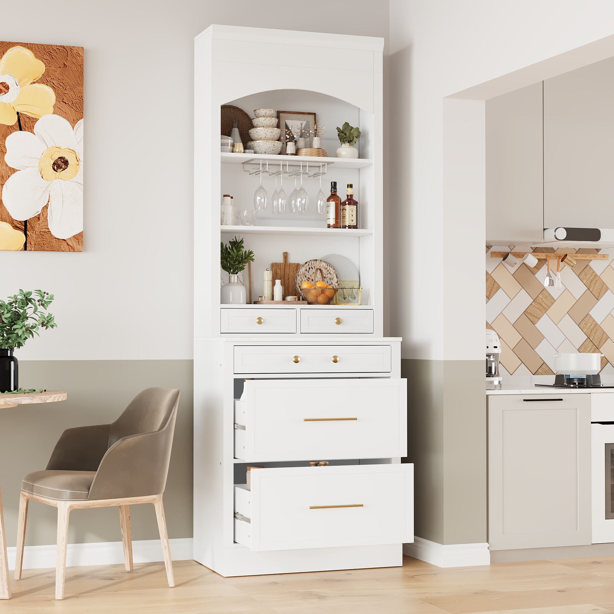 TOPMAX Modern 28.7×17.5×83.7inch High Kitchen Pantry, Freestanding Tall Kitchen Hutch with Faux Marble Top, Display Cupboard Cabinet with 5 Storage Drawers, Glass Holders and Adjustable Shelf, White