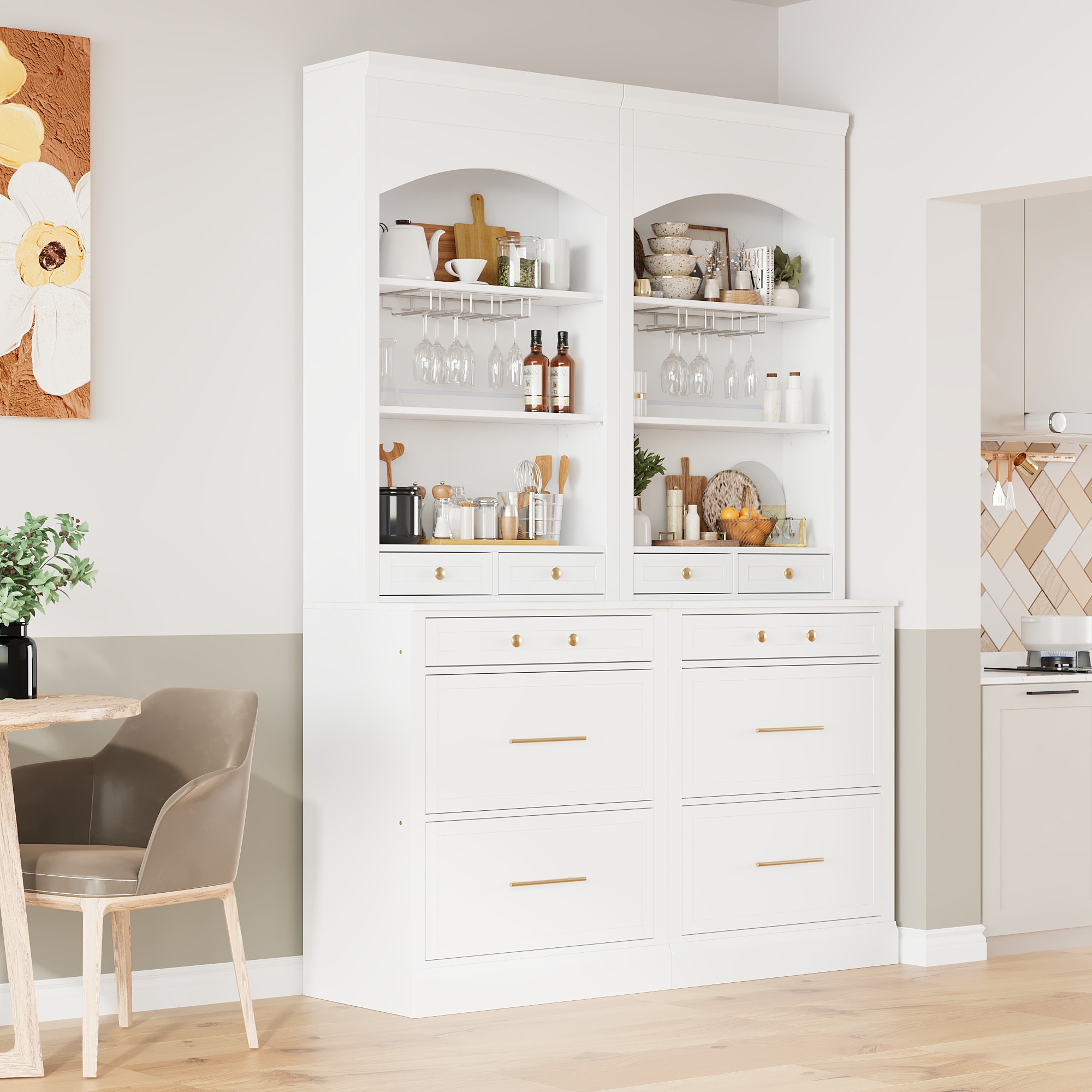 Modern 28.7×17.5×83.7inch High Kitchen Pantry, Freestanding Tall Kitchen Hutch with Faux Marble Top, Display Cupboard Cabinet with 5 Storage Drawers, Adjustable Shelf and Glass Holders,Set of 2, White