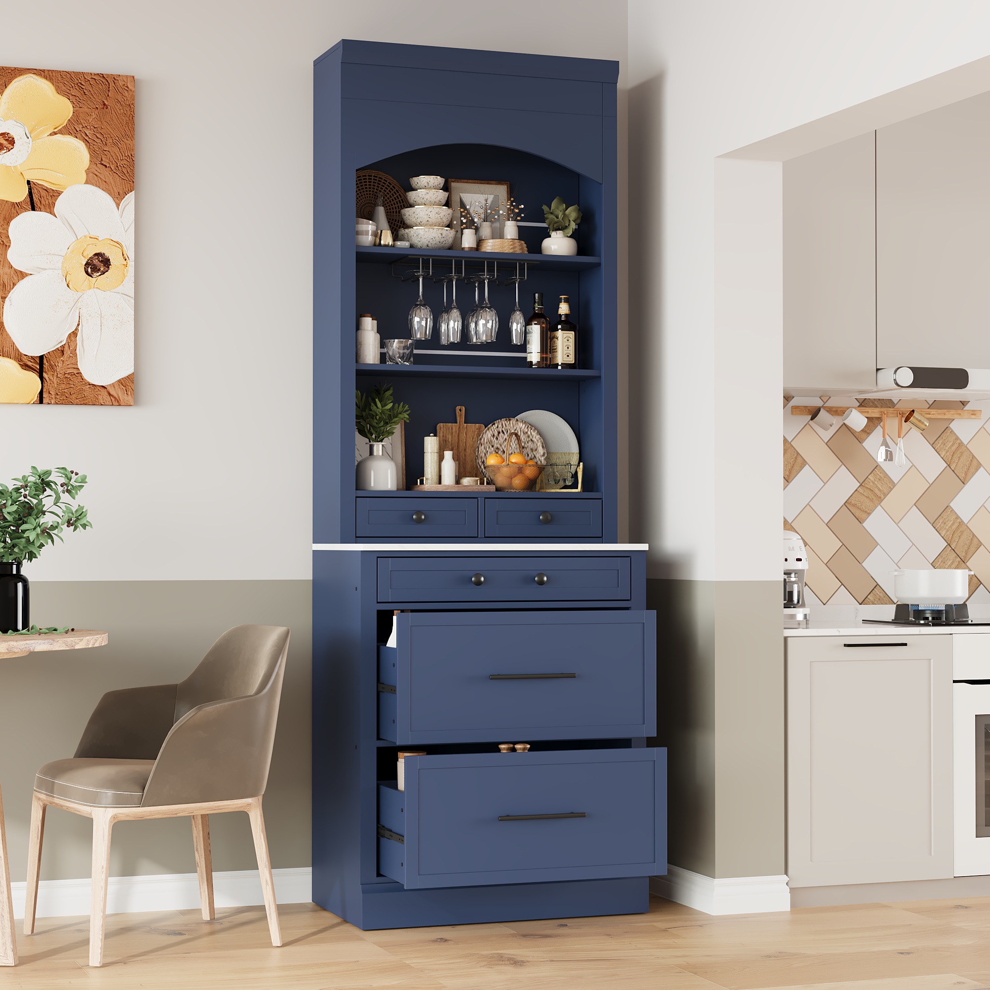 TOPMAX Modern 28.7×17.5×83.7inch High Kitchen Pantry, Freestanding Tall Kitchen Hutch with Faux Marble Top, Display Cupboard Cabinet with 5 Storage Drawers, Glass Holders and Adjustable Shelf, Blue