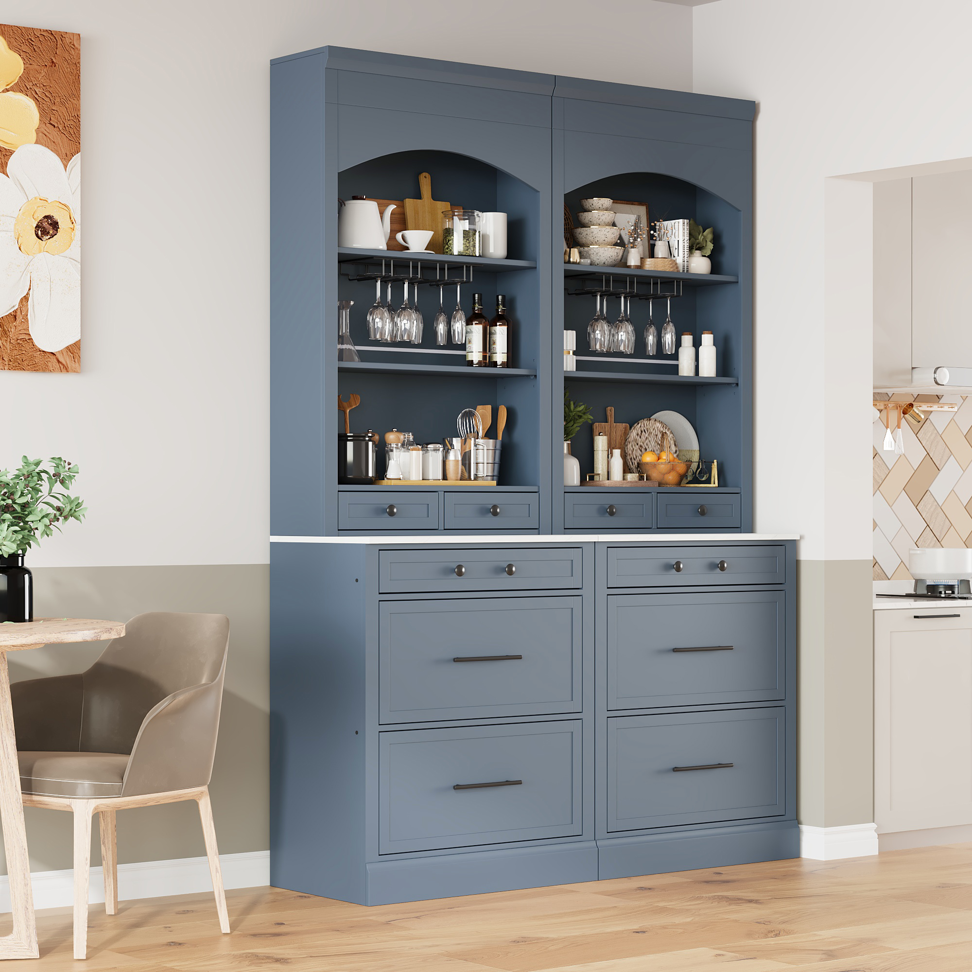 Modern 28.7×17.5×83.7inch High Kitchen Pantry, Freestanding Tall Kitchen Hutch with Faux Marble Top, Display Cupboard Cabinet with 5 Storage Drawers, Adjustable Shelf and Glass Holders,Set of 2, Gray