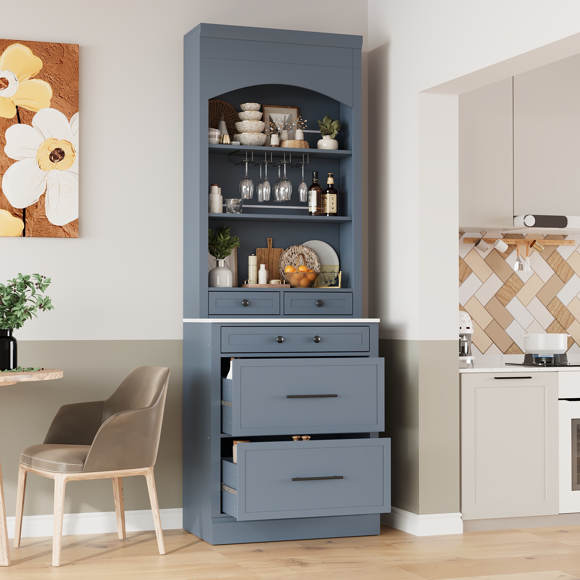 TOPMAX Modern 28.7×17.5×83.7inch High Kitchen Pantry, Freestanding Tall Kitchen Hutch with Faux Marble Top, Display Cupboard Cabinet with 5 Storage Drawers, Glass Holders and Adjustable Shelf, Gray