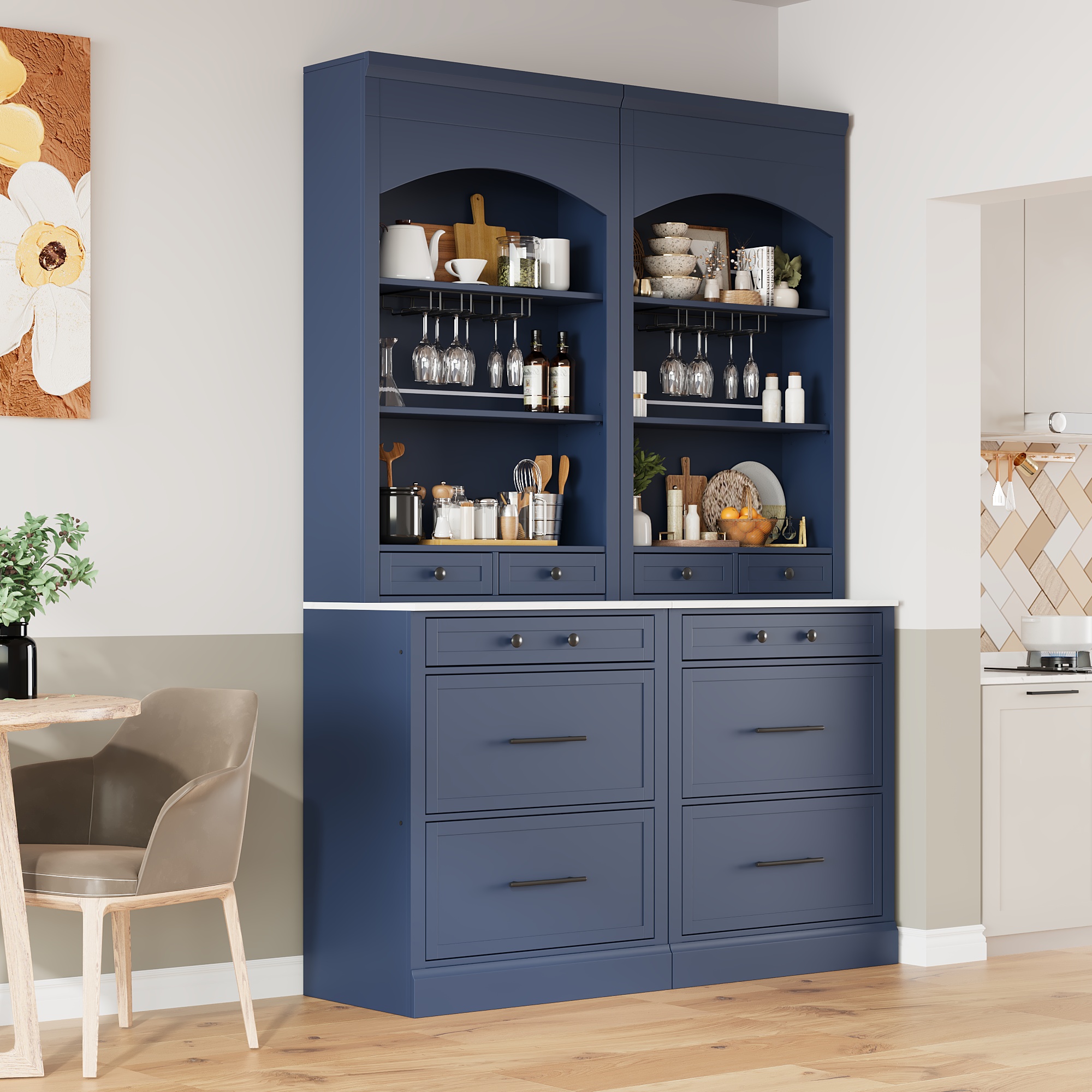 Modern 28.7×17.5×83.7inch High Kitchen Pantry, Freestanding Tall Kitchen Hutch with Faux Marble Top, Display Cupboard Cabinet with 5 Storage Drawers, Adjustable Shelf and Glass Holders,Set of 2, Blue