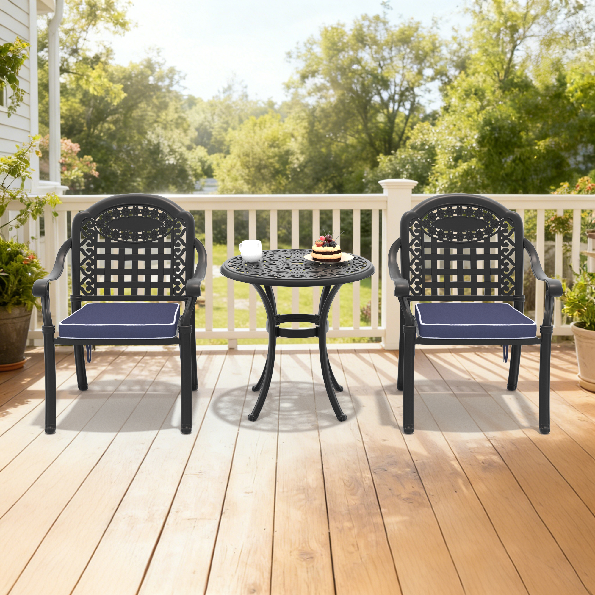 3-Piece Set Of Cast Aluminum Patio Furniture With Black Frame and Blue Seat Cushions