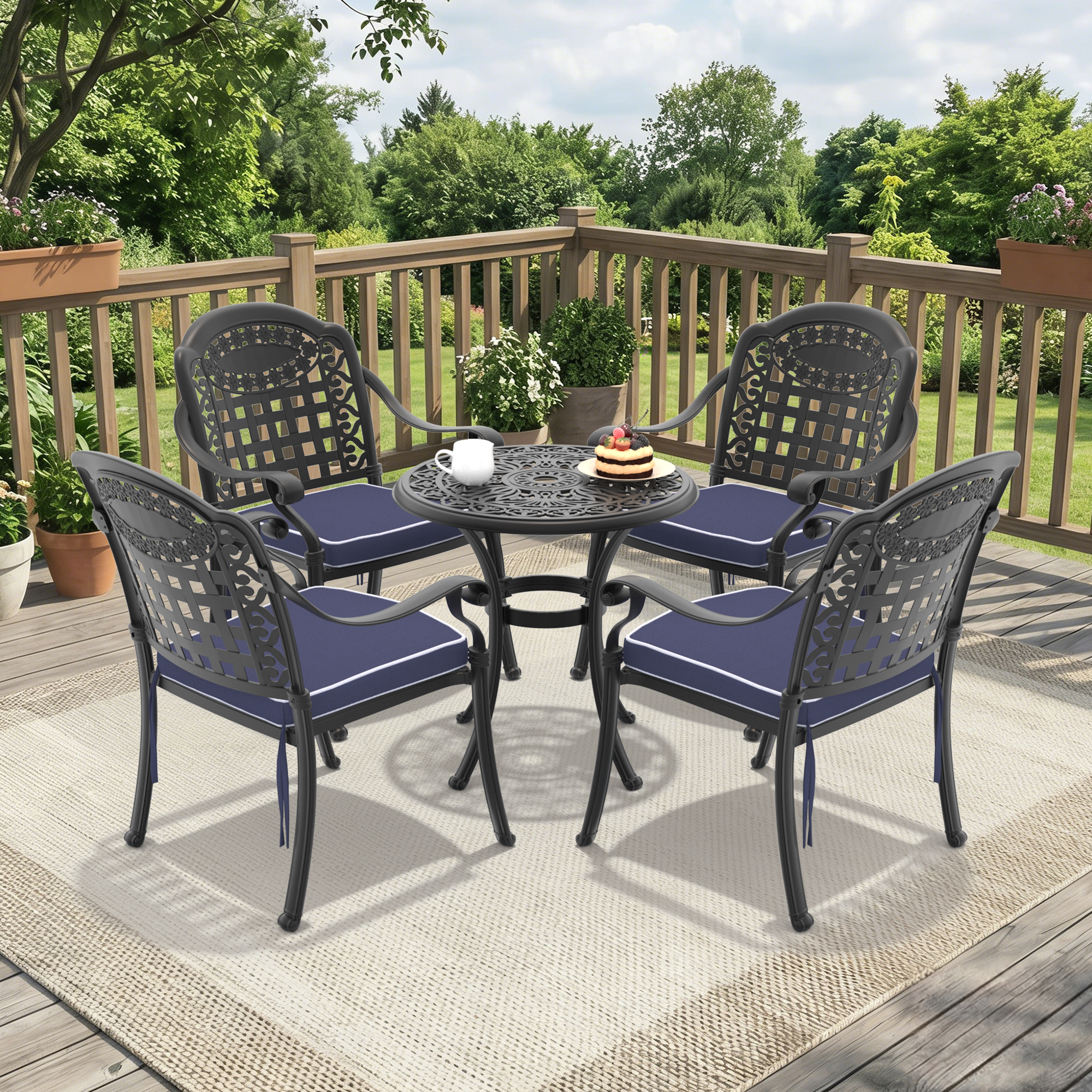 5-Piece Set Of Cast Aluminum Patio Furniture With Black Frame and Blue Seat Cushions