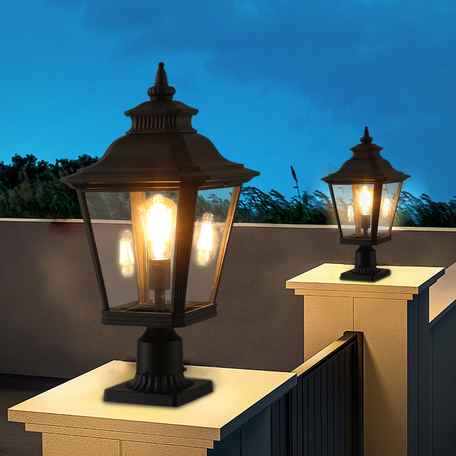 21″(H) 2-Pack Outdoor Post Lantern Light – Vintage Black Metal & Clear Glass Pillar Lamp for Garden, Gate, Driveway, and Pathway Lighting with Elegant Design (Bulb Not Included)