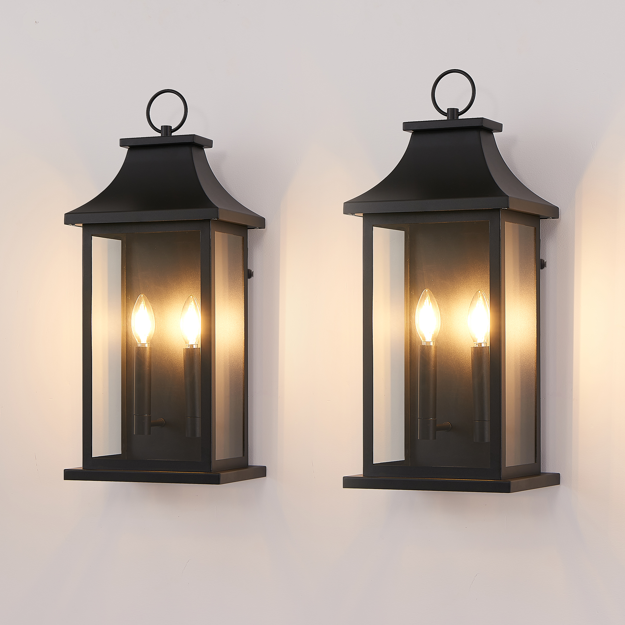 2-Pack Dusk to Dawn Outdoor Wall Lantern 2-Light, 22.2″ Large Outside Wall Sconce, Modern Black Wall Light Fixture with Glass, Waterproof Exterior Lamp for House, Porch, Garage