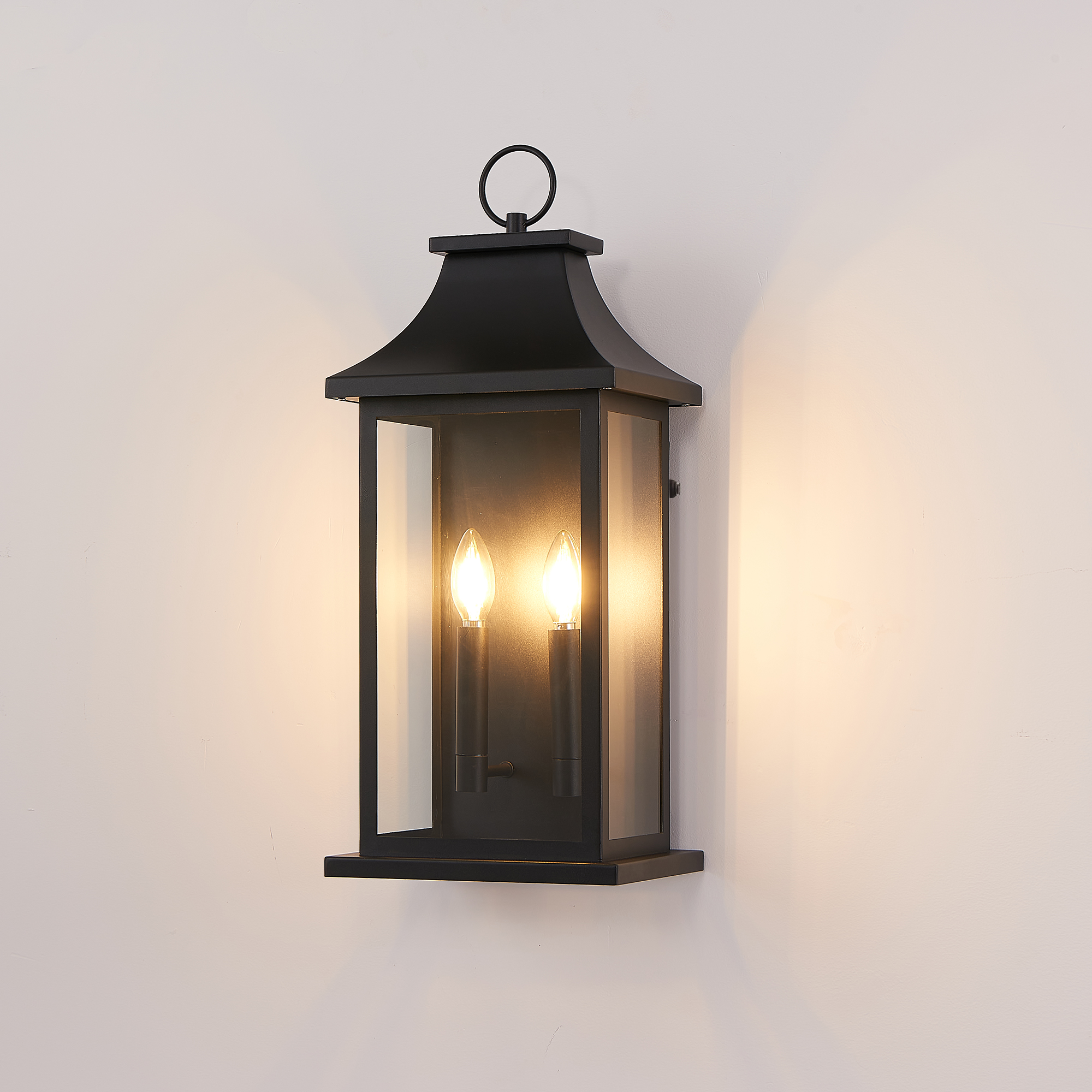 Dusk to Dawn Outdoor Wall Lantern 2-Light, 22.2″ Large Outside Wall Sconce, Modern Black Wall Light Fixture with Glass, Waterproof Exterior Lamp for House, Porch, Garage