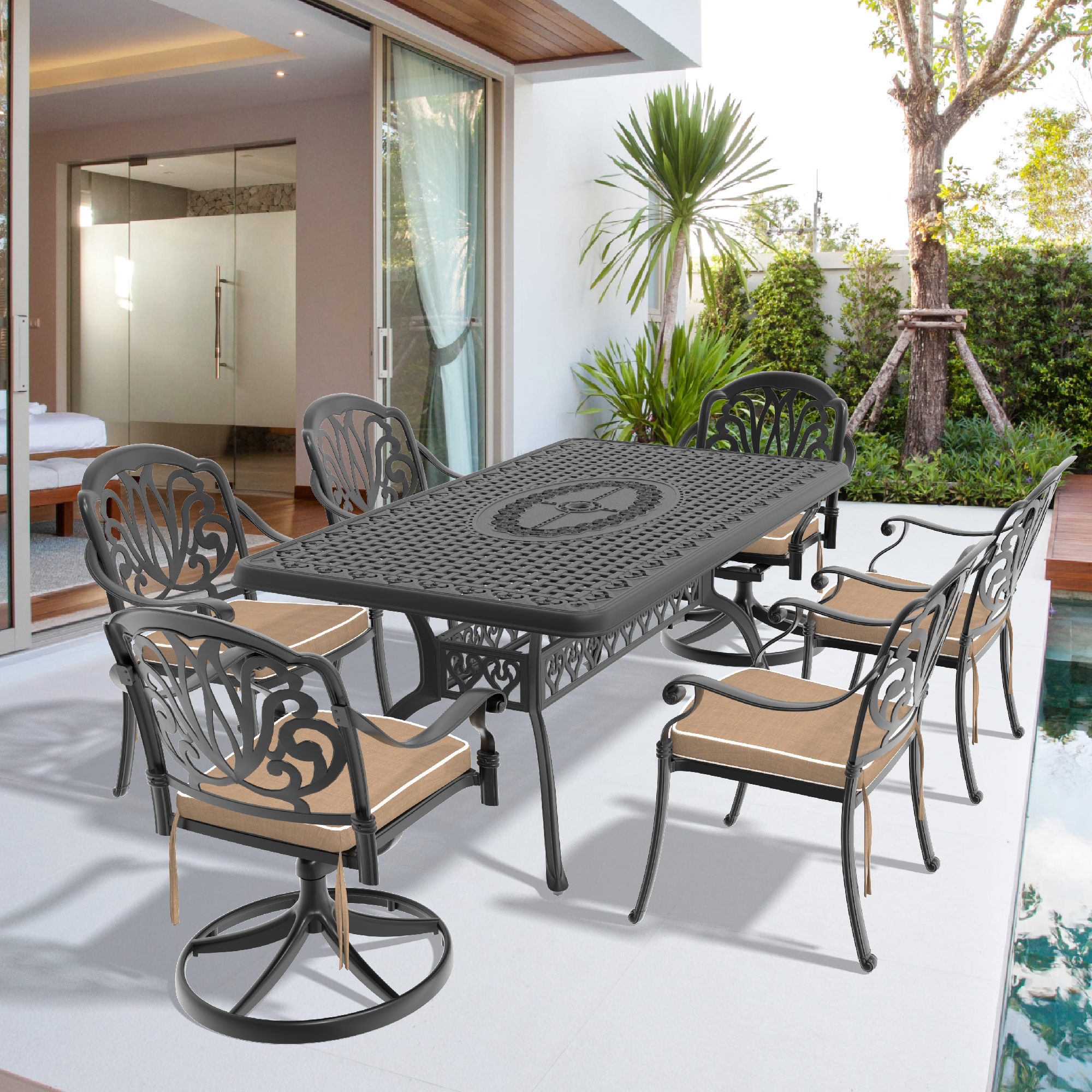 7-Piece All-Weather Cast Aluminum Dining Set, Include 2 Swivel Chairs,4 Dining Chairs and Rectangular Table With Black Frame