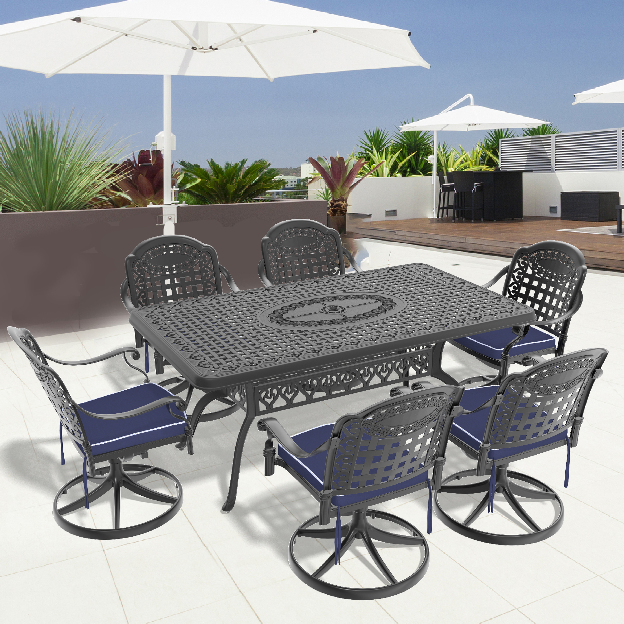 7-Piece All-Weather Cast Aluminum Dining Set, Include 6 Swivel Chairs and Rectangular Table With Black Frame (same sku:W1710S00356)