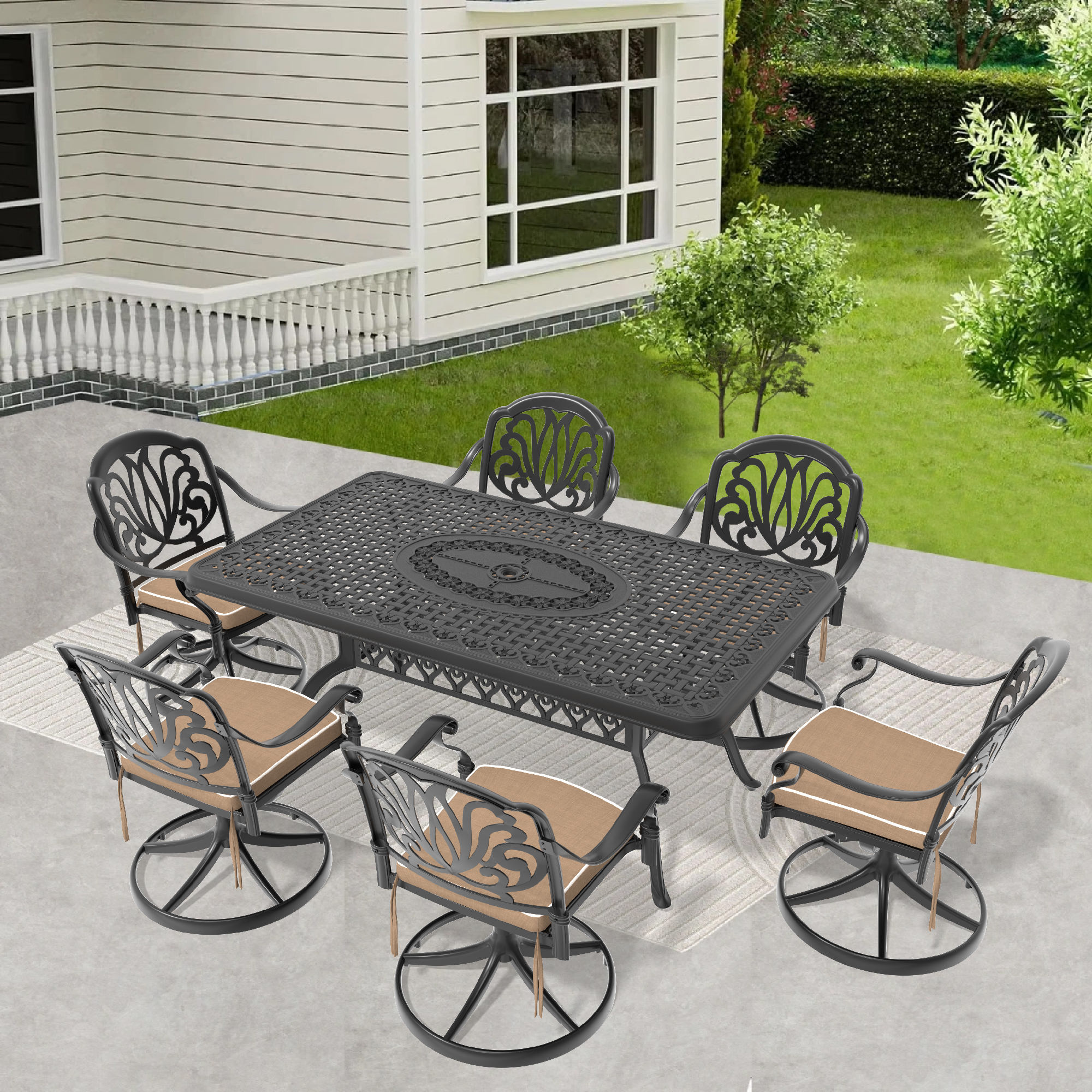 7-Piece All-Weather Cast Aluminum Dining Set, Include 6 Swivel Chairs and Rectangular Table With Black Frame (same sku:W1710S00284)