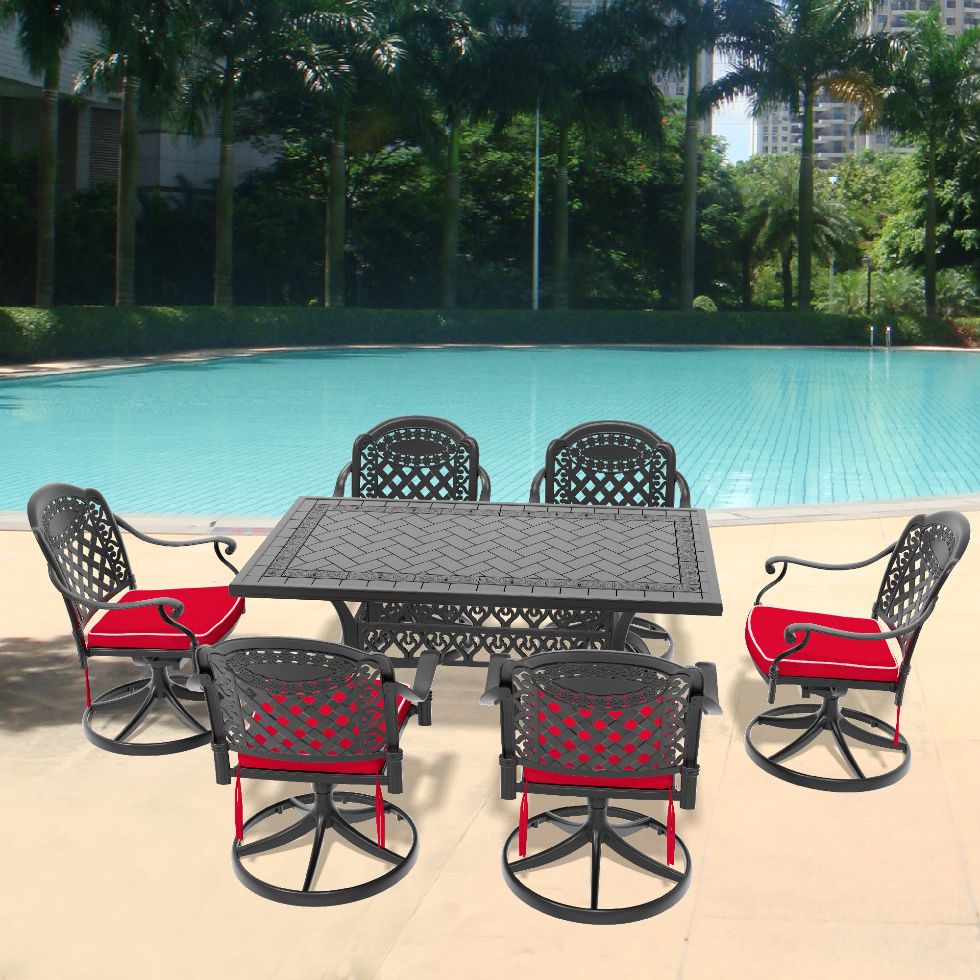 7-Piece All-Weather Cast Aluminum Dining Set, Include 6 Swivel Chairs and Rectangular Table With Black Frame(same sku:W1710S00458)