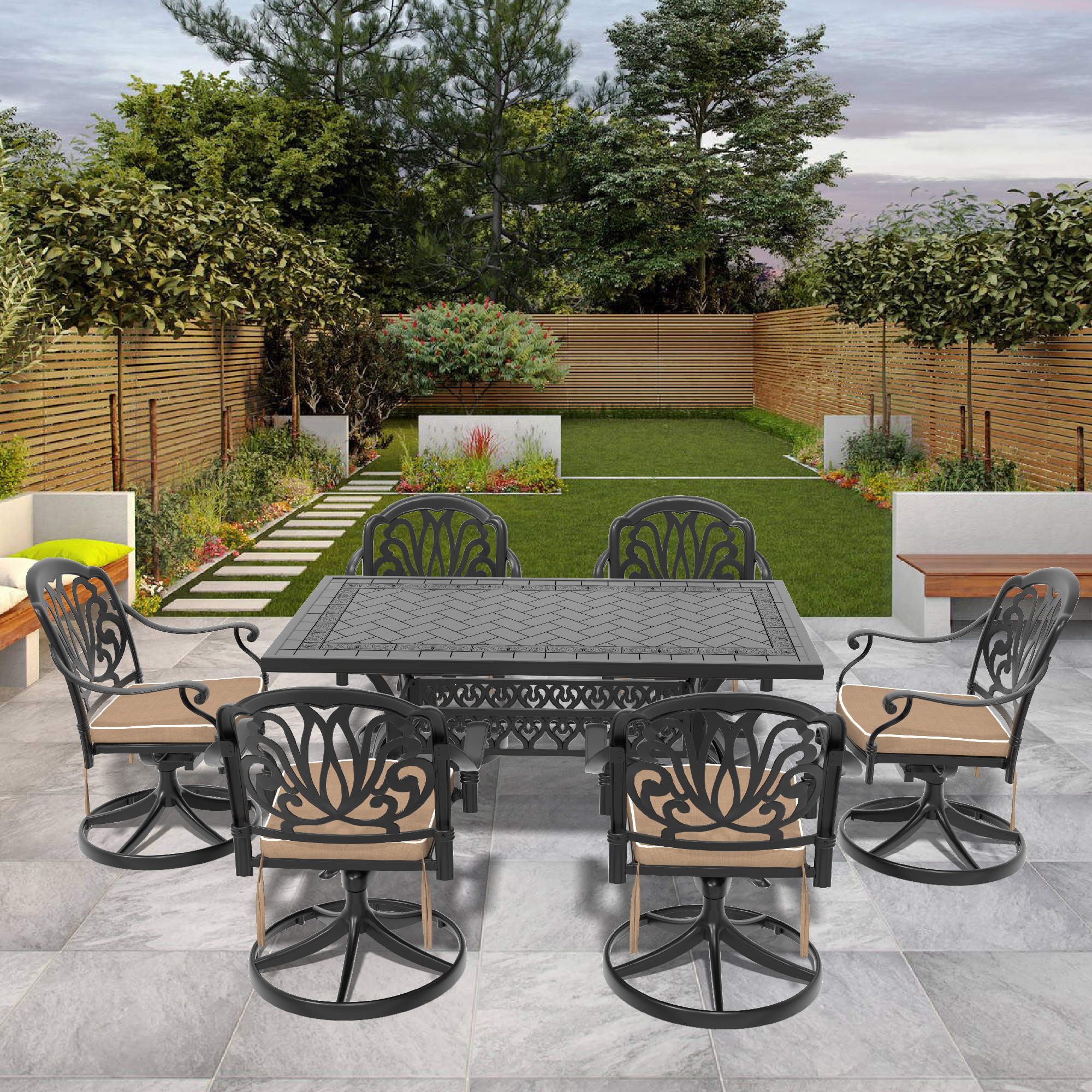 7-Piece All-Weather Cast Aluminum Dining Set, Include 6 Swivel Chairs and Rectangular Table With Black Frame(same sku:W1710S00286)