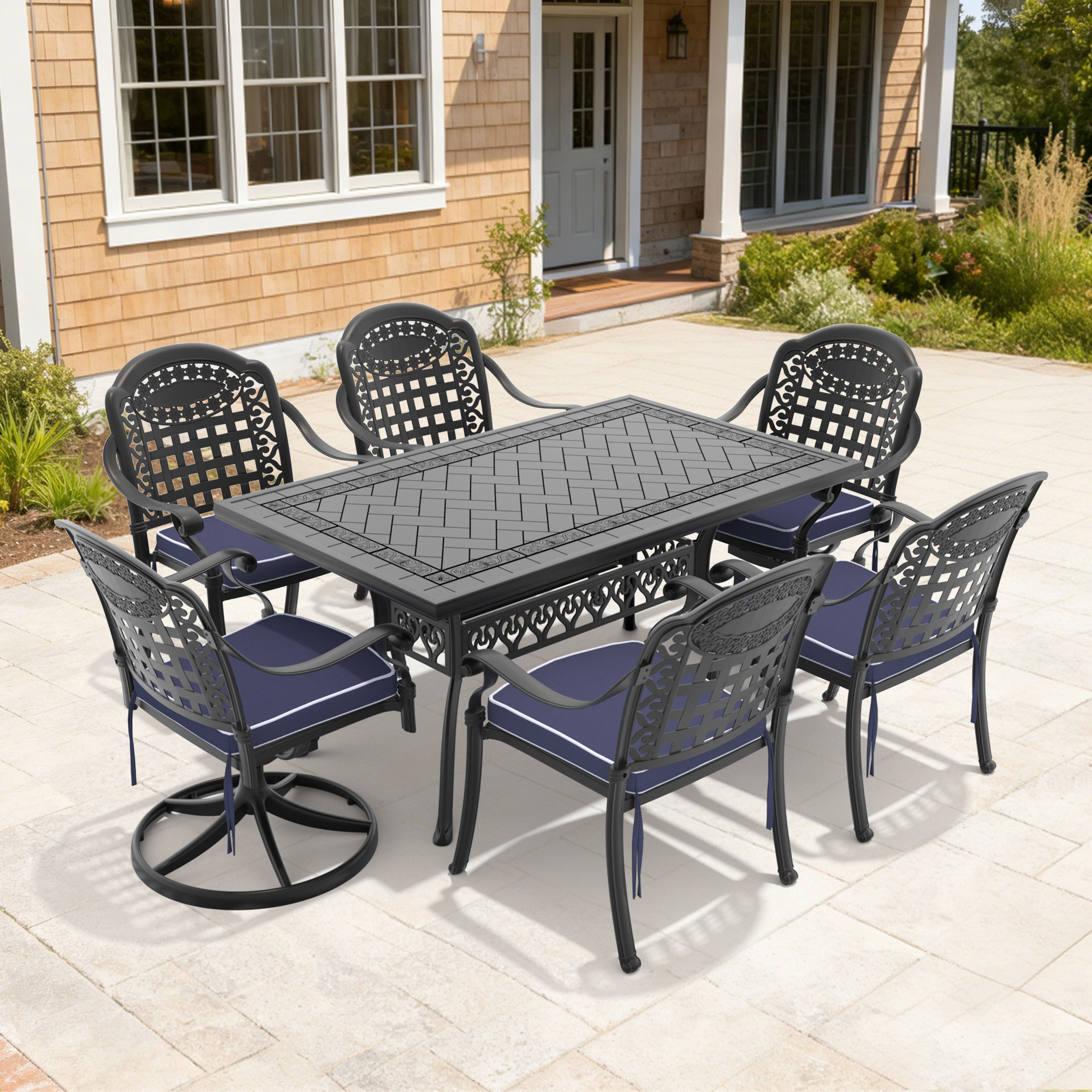 7-Piece All-Weather Cast Aluminum Dining Set, Include 2 Swivel Chairs,4 Dining Chairs and Rectangular Table With Black Frame