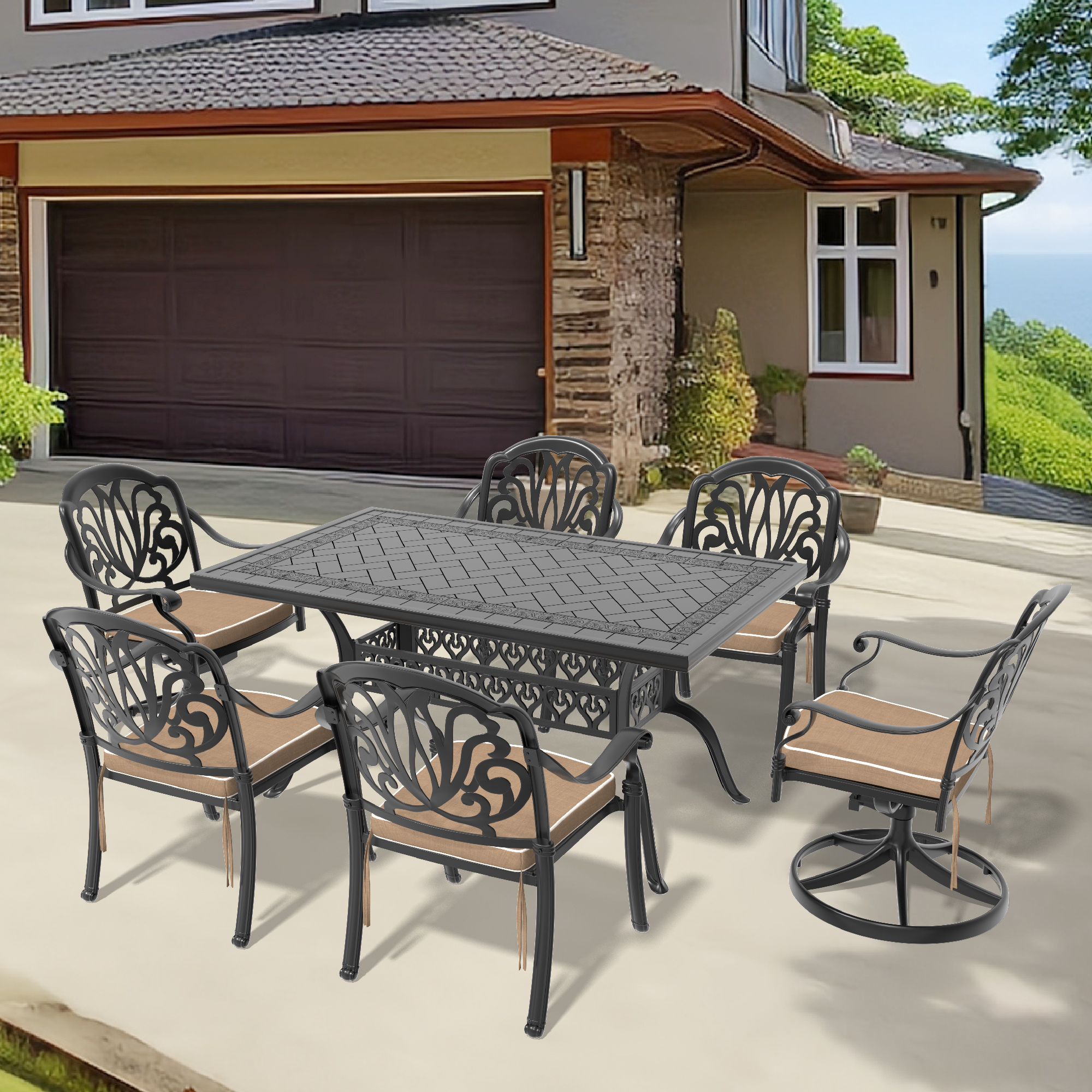 7-Piece All-Weather Cast Aluminum Dining Set, Include 2 Swivel Chairs,4 Dining Chairs and Rectangular Table With Black Frame