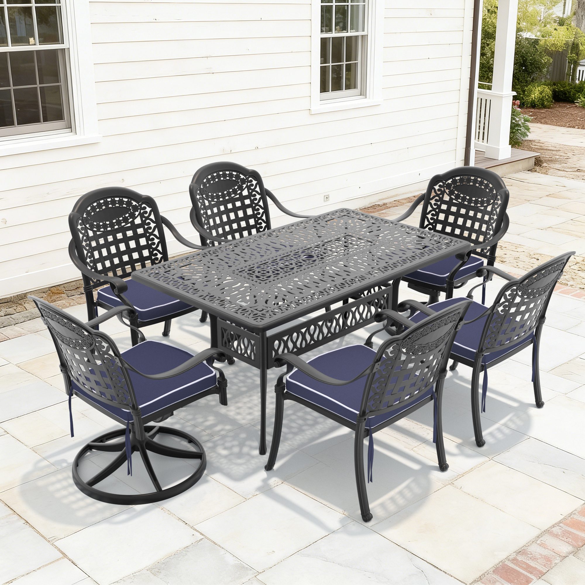 7-Piece All-Weather Cast Aluminum Dining Set, Include 2 Swivel Chairs,4 Dining Chairs and Rectangular Table With Black Frame