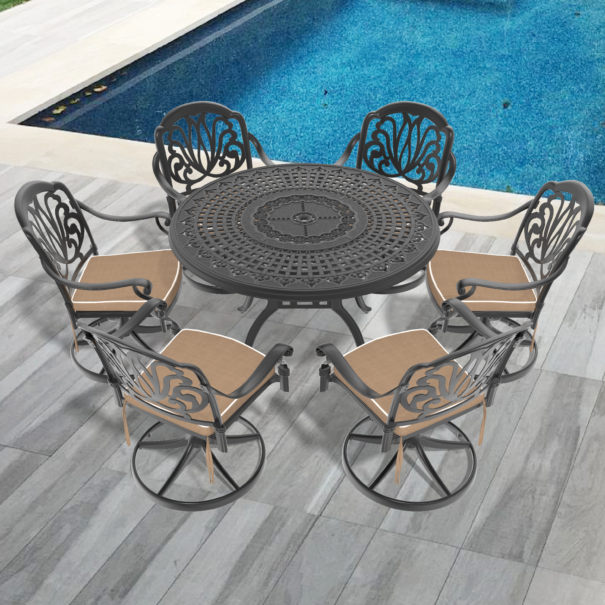 7-Piece All-Weather Cast Aluminum Dining Set, Include 6 Swivel Chairs and 47.24″ Round Table With Black Frame (same sku:W1710S00449)