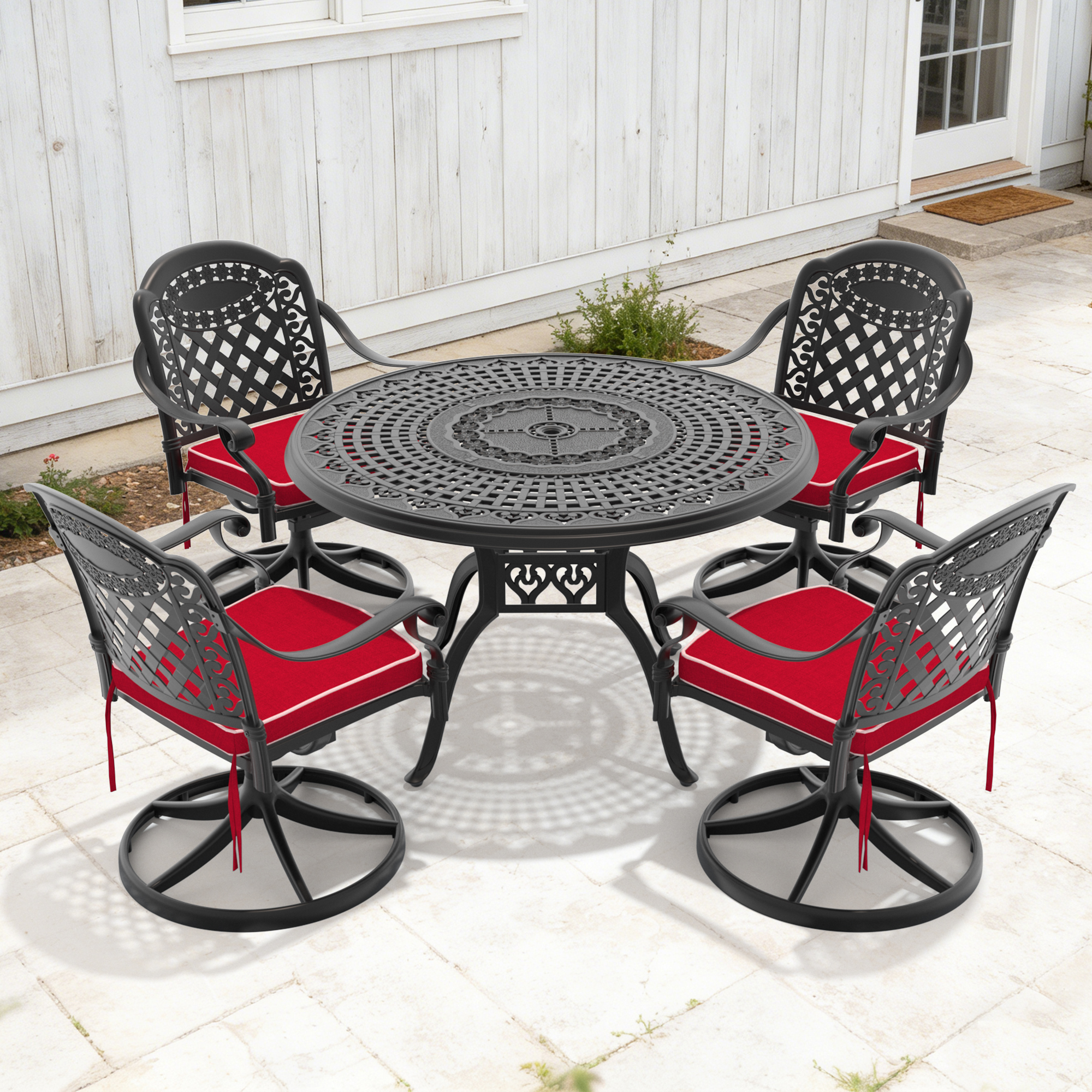 5-Piece All-Weather Cast Aluminum Dining Set, Include 4 Swivel Chairs and 47.24″ Round Table With Black Frame