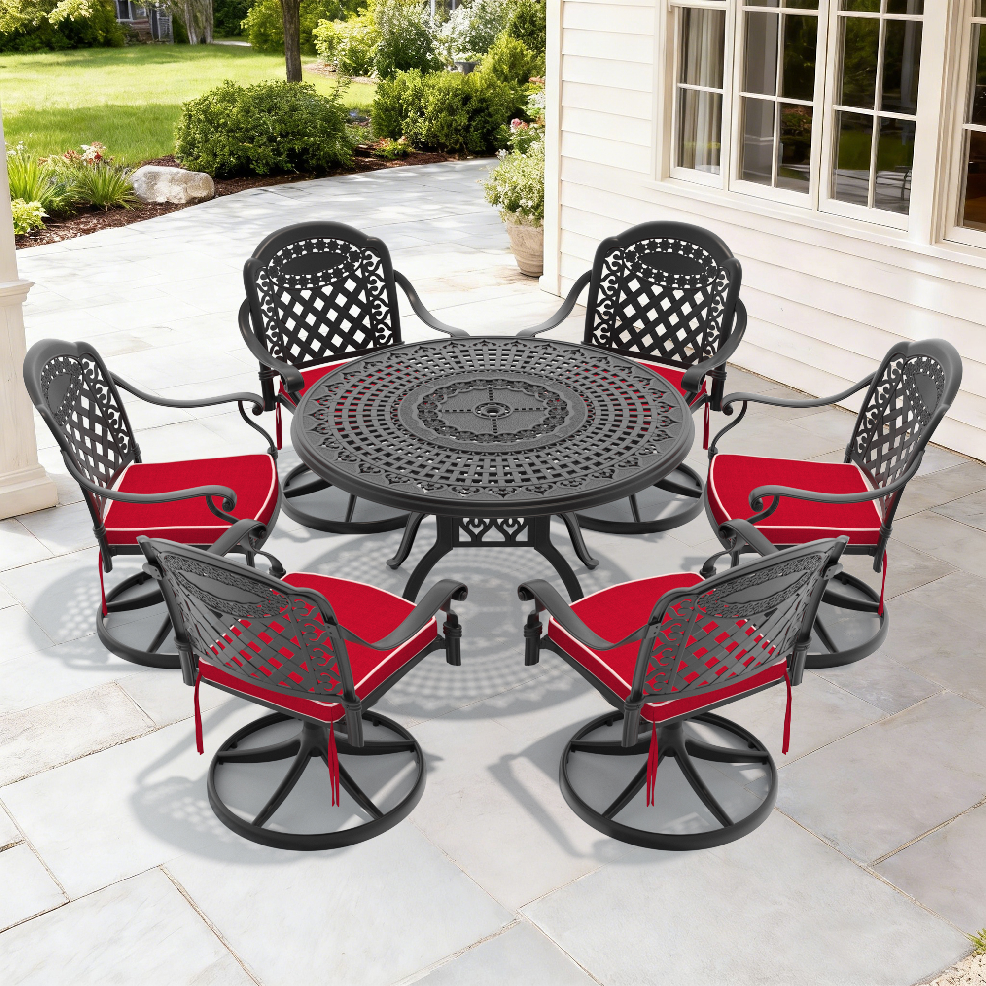 7-Piece All-Weather Cast Aluminum Dining Set, Include 6 Swivel Chairs and 47.24″ Round Table With Black Frame