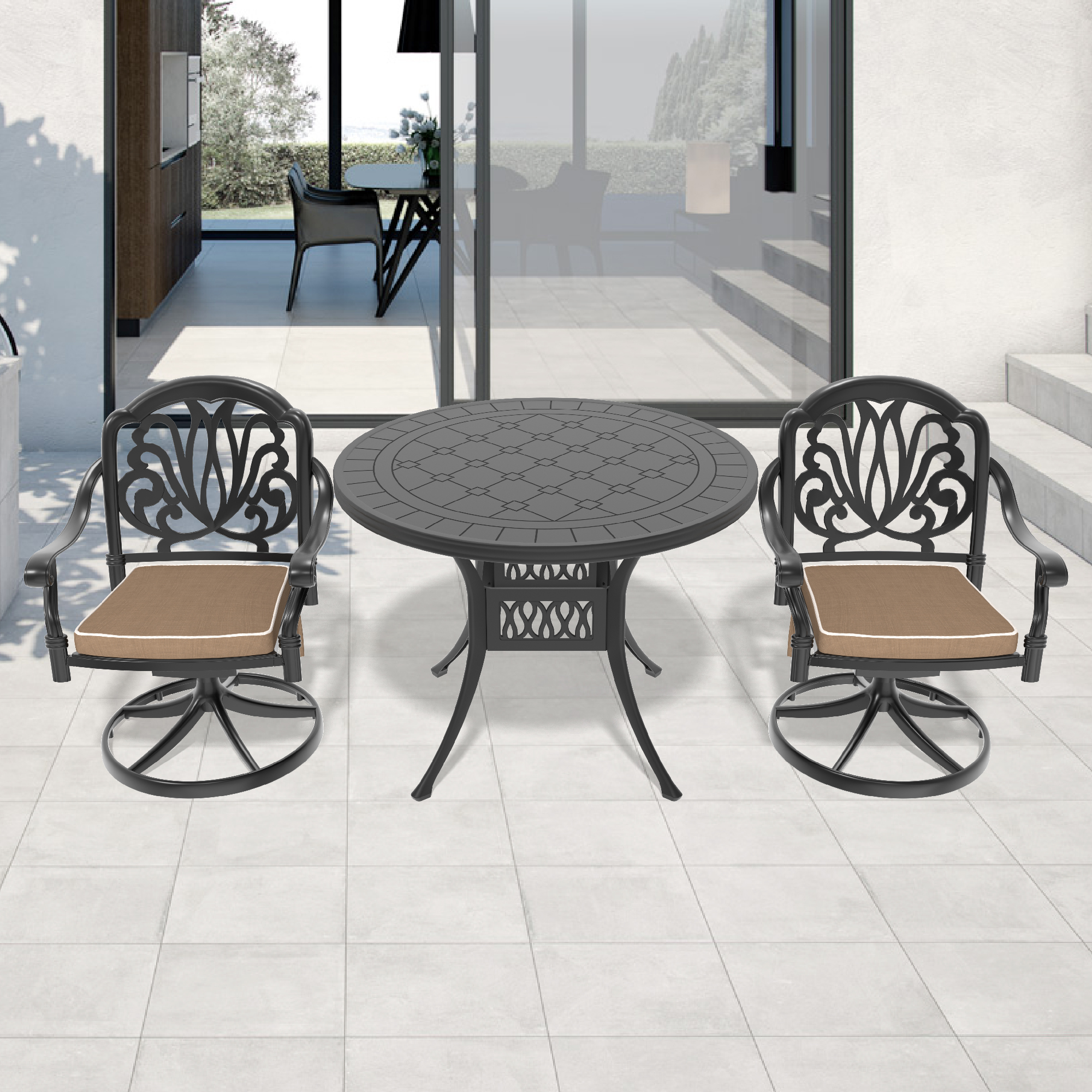 3-Piece All-Weather Cast Aluminum Dining Set, Include 2 Swivel Chairs and 39.37″ Round Table With Black Frame
