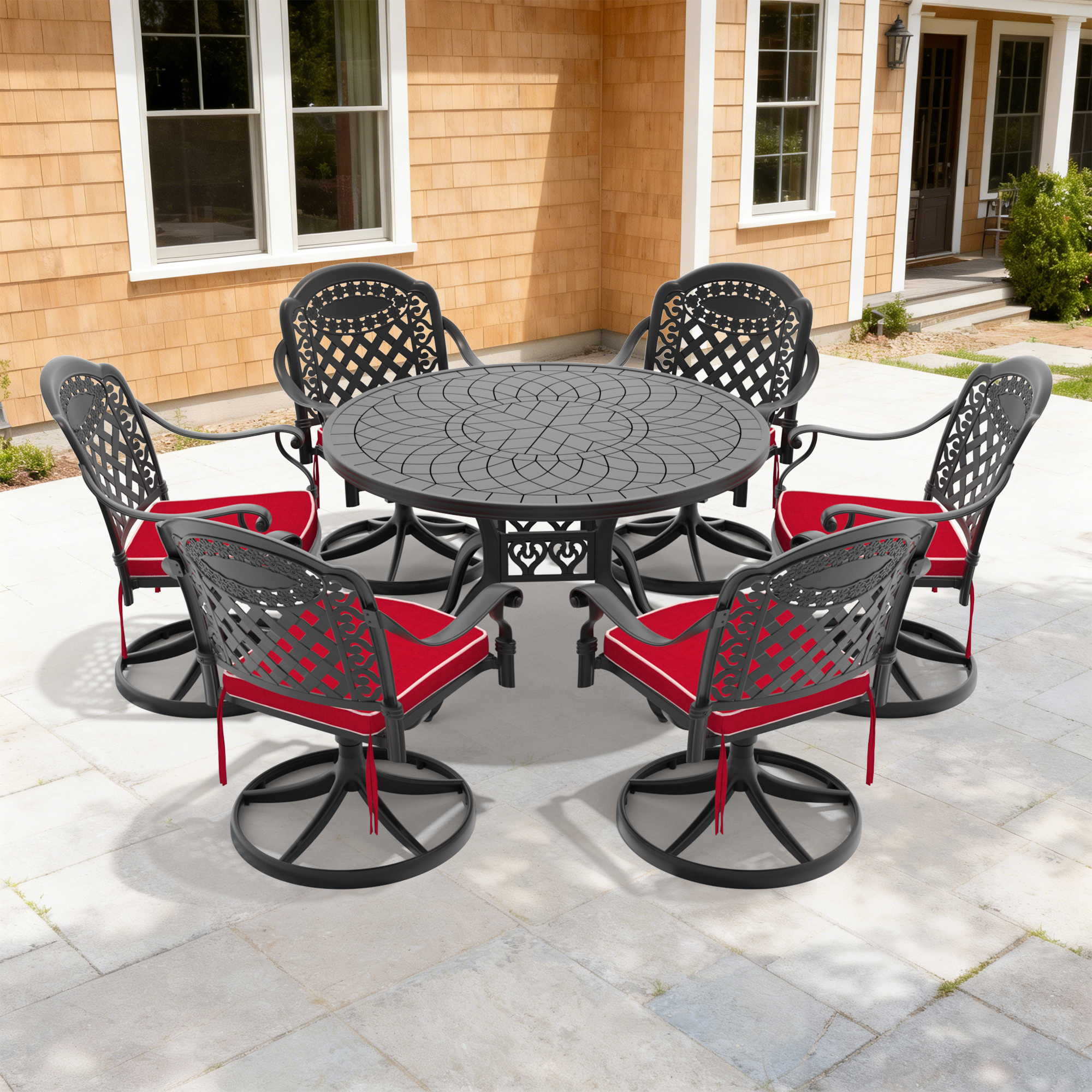 7-Piece All-Weather Cast Aluminum Dining Set, Include 6 Swivel Chairs and 47.24″ Round Table With Black Frame